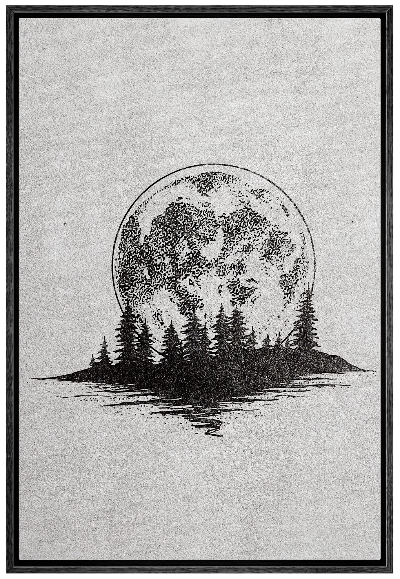 Nwt Framed Canvas Print Wall Art Sketch Style Moon Over Pine Tree Forest Nature Wilderness Photography Realism Minimalist Scenic