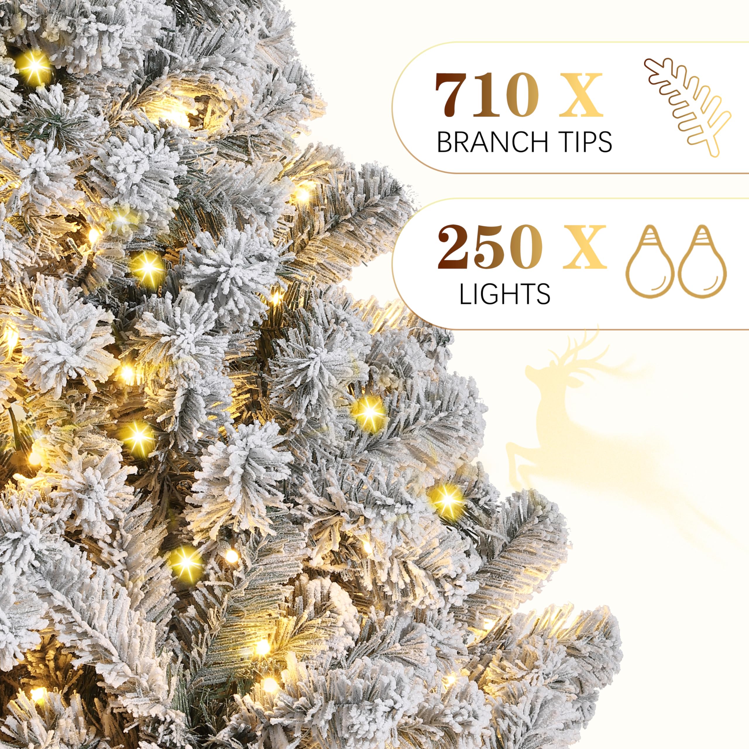 6 ft Christmas Tree, Christmas Decorations with 250 Lights, Pre-lit Artificial Christmas Tree with 710 Snowy White PVC Branches,