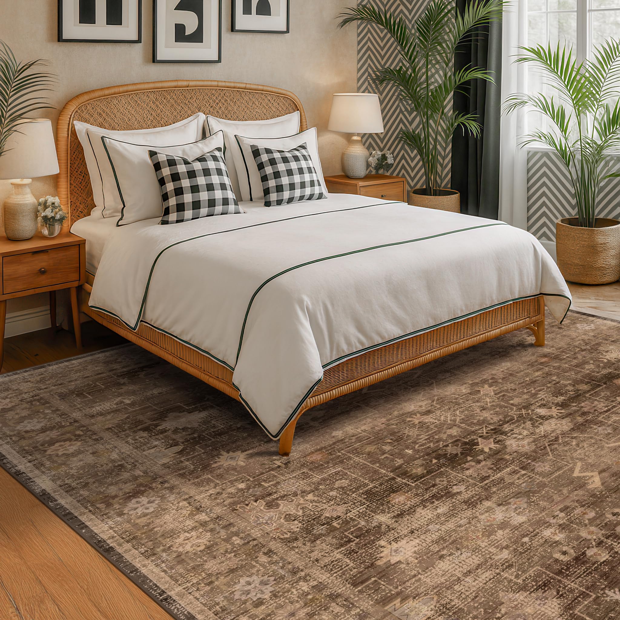 Hazo Haus Brown 9x12 Living Room Rug - Vintage Western Eclectic Unique Neutral Taupe, Washable Low Pile Non-Slip Large Area Rugs
