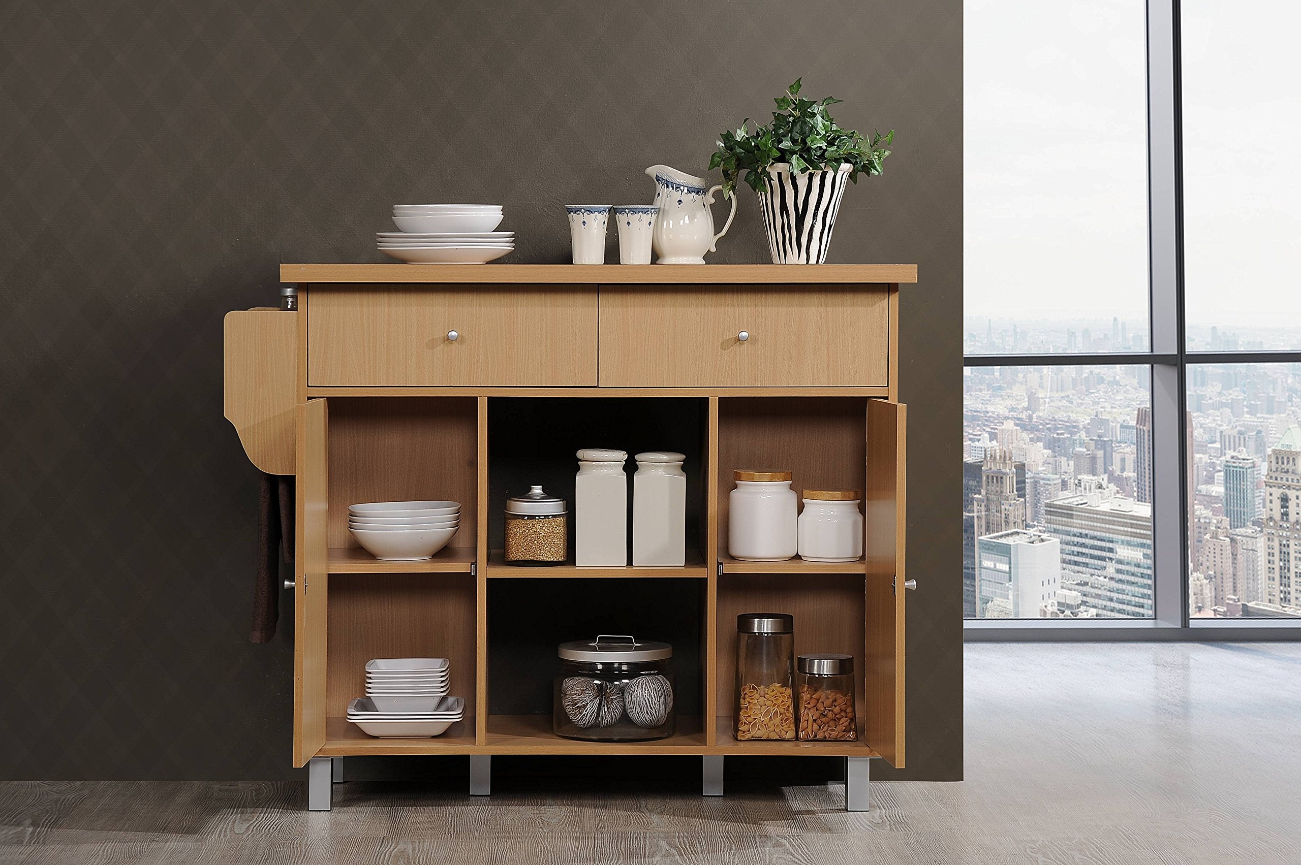 Hodedah Kitchen Island with Spice Rack plus Towel Holder in Beech