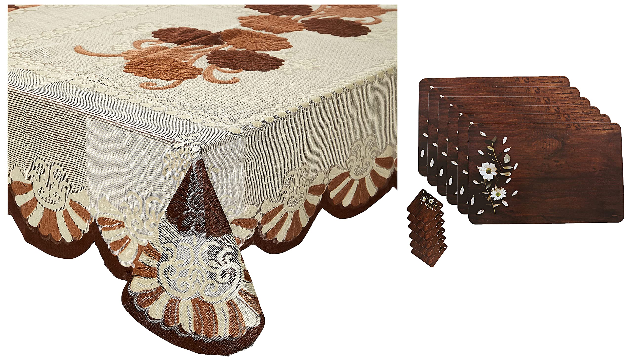 Kuber Industries Floral Cotton 4 Seater Centre Table Cover  Brown (CTKTC01160) & PVC Wooden Design Floral Rectangular Dining Ta