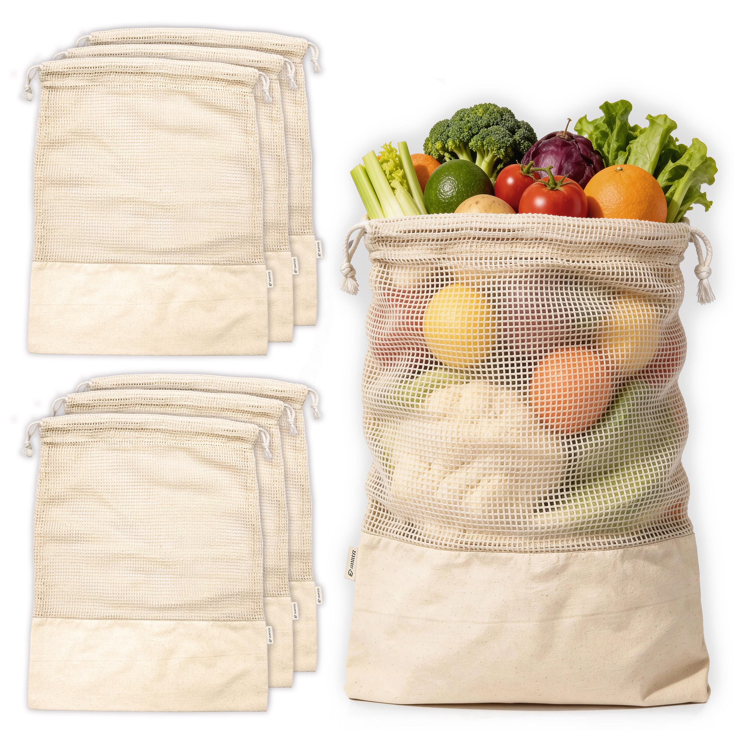 LEAFICO Reusable Produce Bags  100% Cotton Mesh & Solid Hybrid (Large 12x15 inch 6 Pcs)  Storage Bags for Vegetables, Toys, Cl