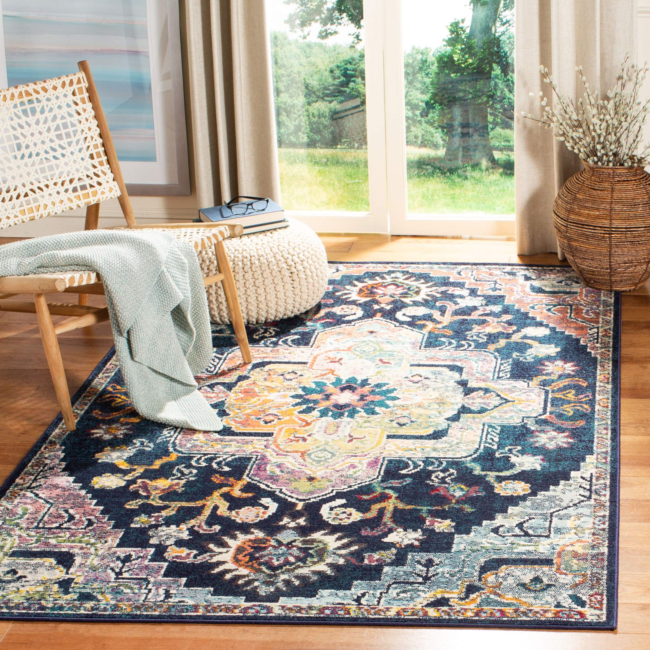 SAFAVIEH Crystal Collection Accent Rug - 3 x 5, Navy & Fuchsia, Medallion Distressed Design, Non-Shedding & Easy Care, Ideal f