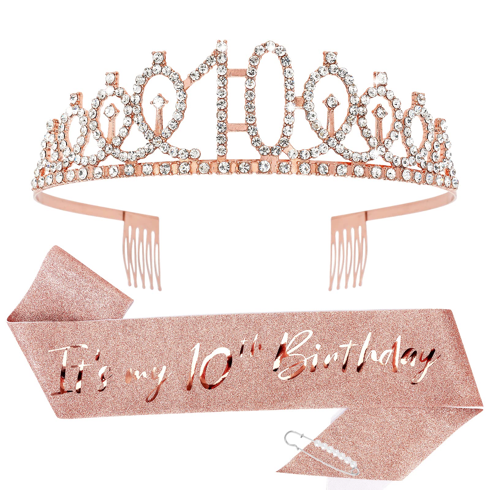 Cieher 10Th Birthday Crown, Sash + Pearl Pin Set - Decorations And Gifts For 10 Year Old Girl 'S Birthday Party Favors