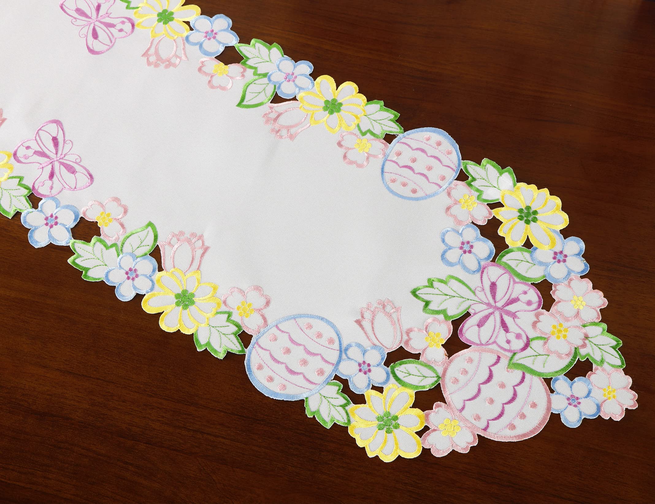 Easter Spring Table Runner Cutwork Embroidered Floral And Eggs Butterflies Dresser Scarf Table Topper Home Kitchen Dining Tablet