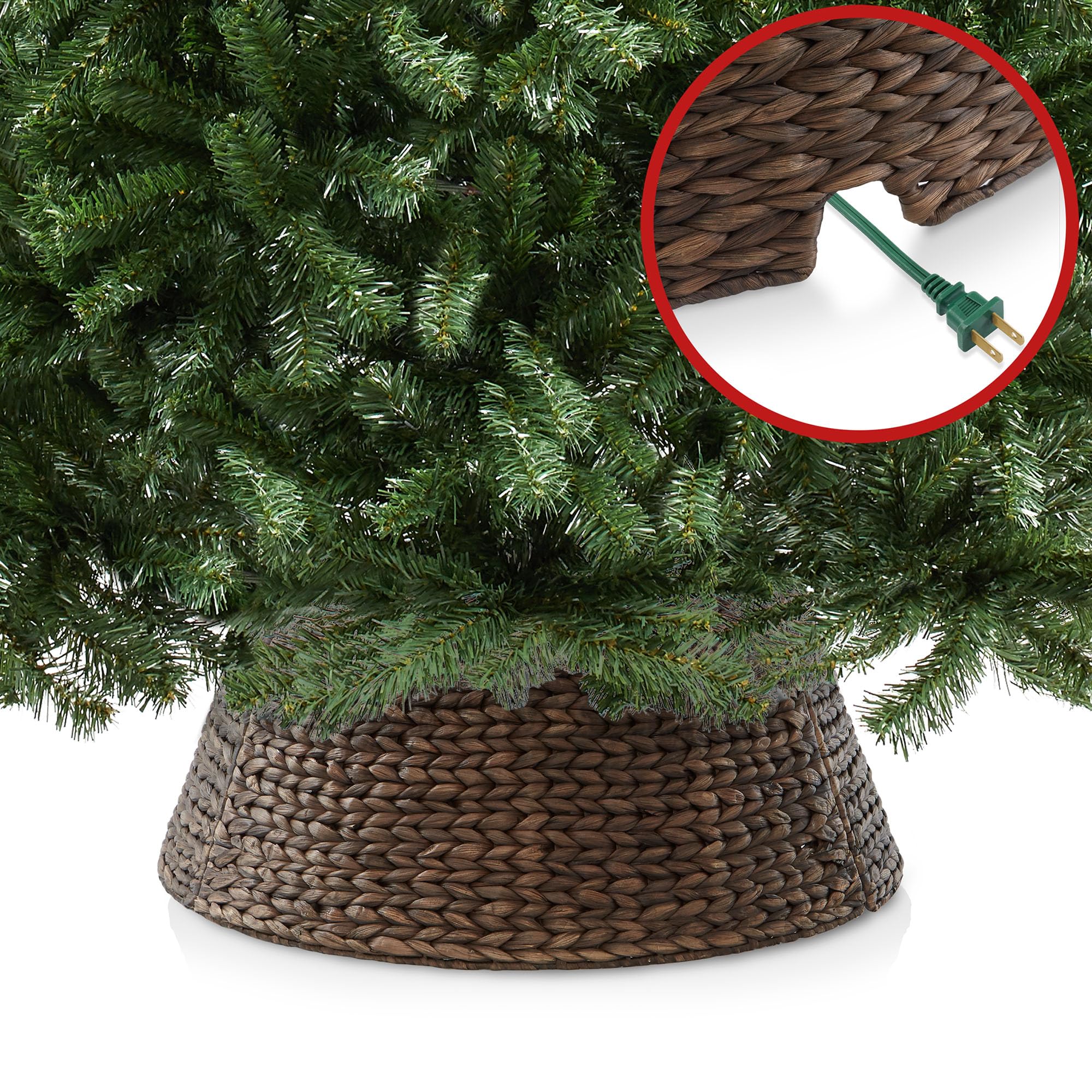 Casafield 24-Inch Christmas Tree Collar, Woven Water Hyacinth Tree Base Cover with Cord Cut Out, Espresso