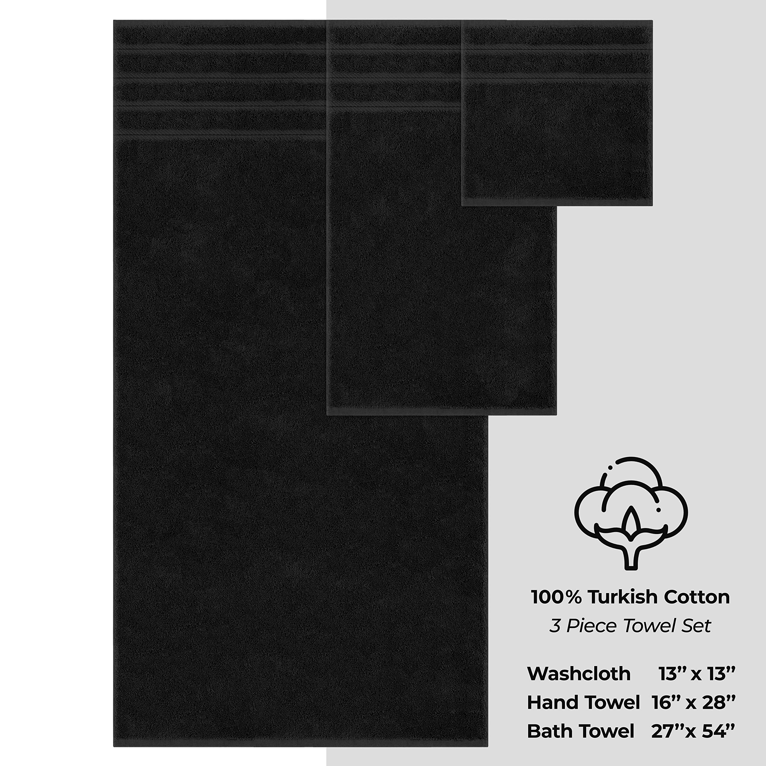 American Soft Linen 3 Piece Towel Sets  1 Bath Towel 1 Hand Towel 1 Washcloth  100% Turkish Cotton Towels for Bathroom  Black Towel Set