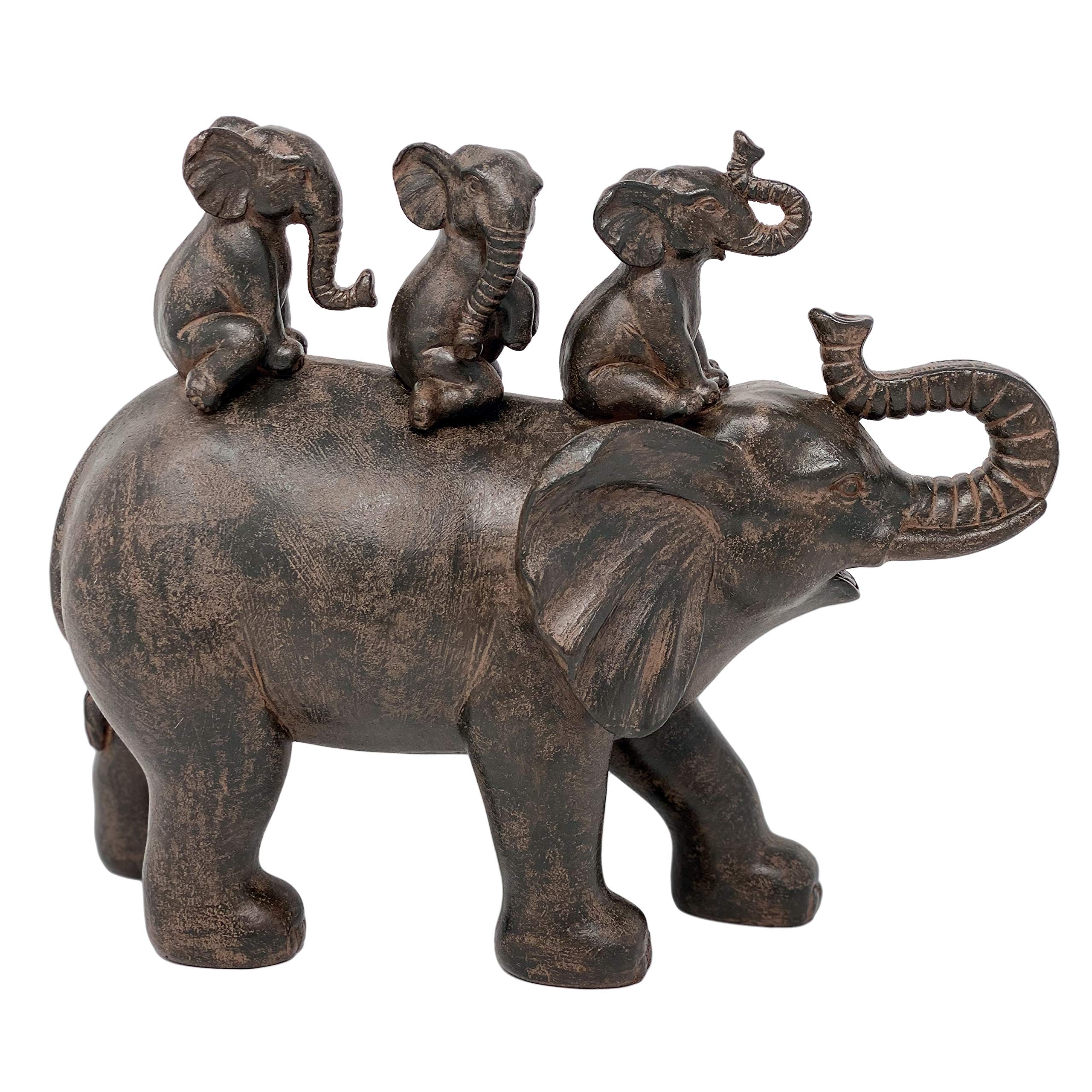 Natures Mark 8 H 3 Baby Elephants Riding an Elephant Resin Statue Figurine Home Decorative Accent Decor (Brown)