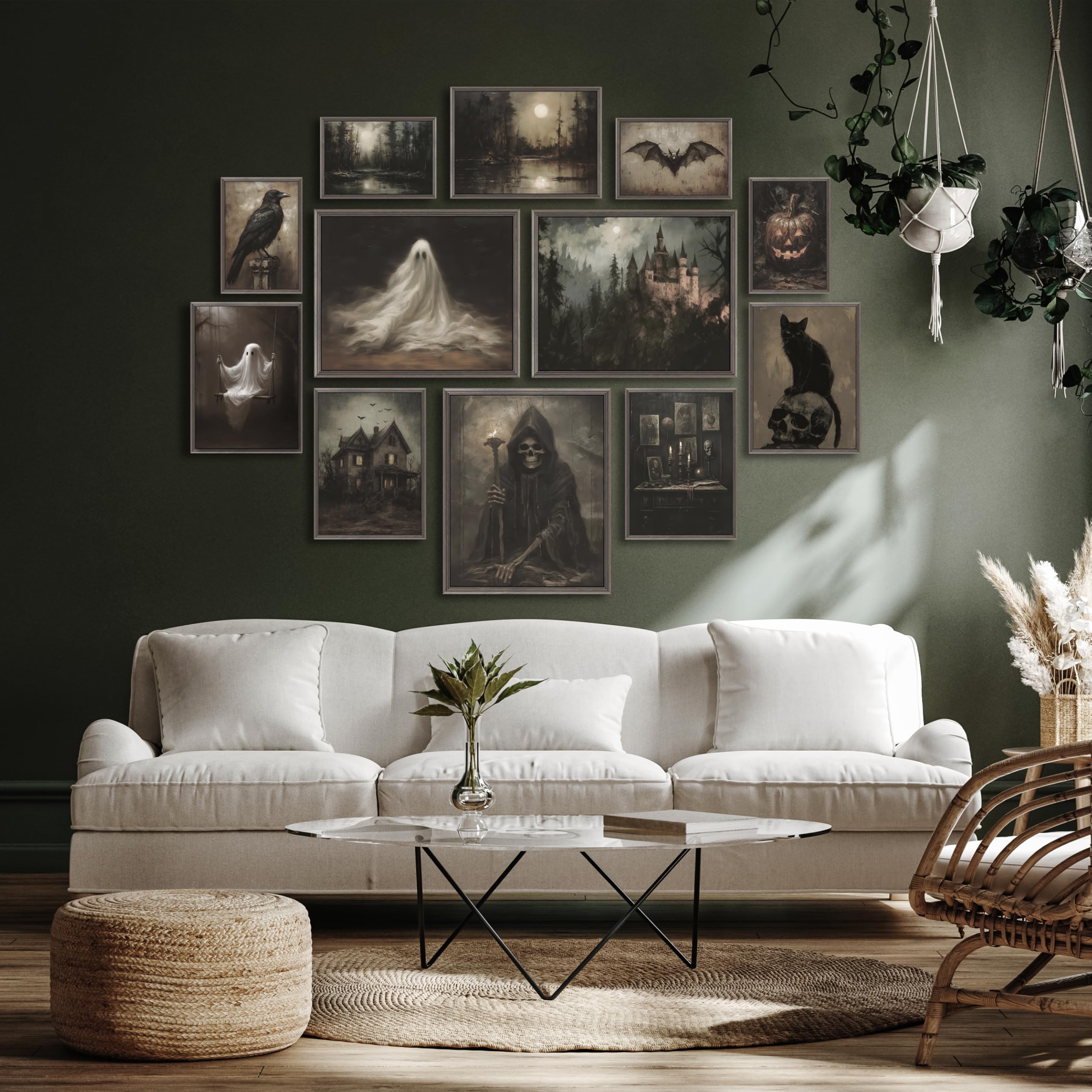 Lanchi95 12Pcs Halloween Dark Wall Art Prints Halloween Decor Retro Black Cat Pumpkin Poster Creepy Halloween Aesthetic Hallowee