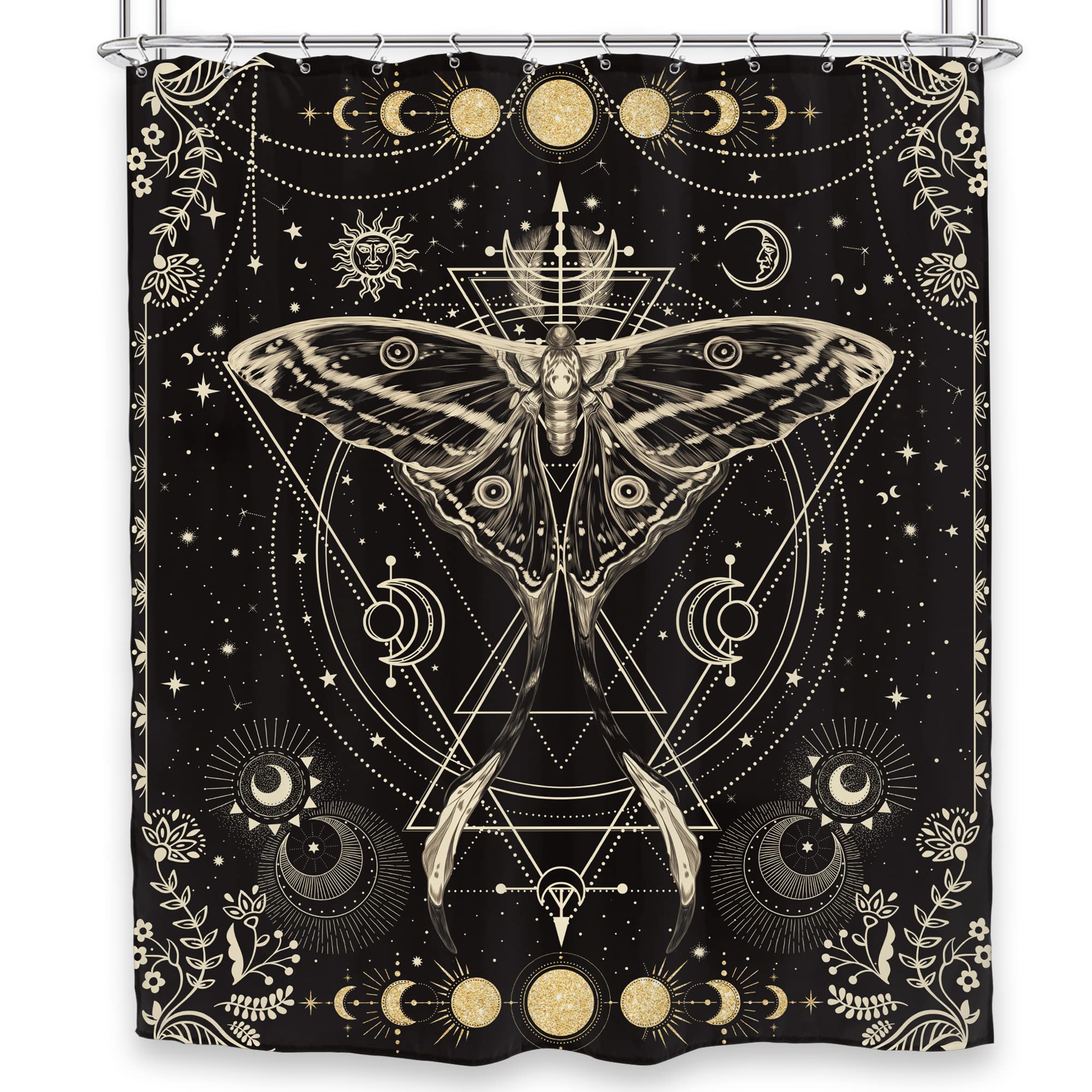 LGhtyro Moon Phase Witchy Shower Curtain 60Wx71H Inch Gold Black Butterfly Moth Fairy Shower Curtain Bathroom Set Gothic Black Moonlit Bath Curtain Tarot Halloween Bathtub Accessories Decor for Teens