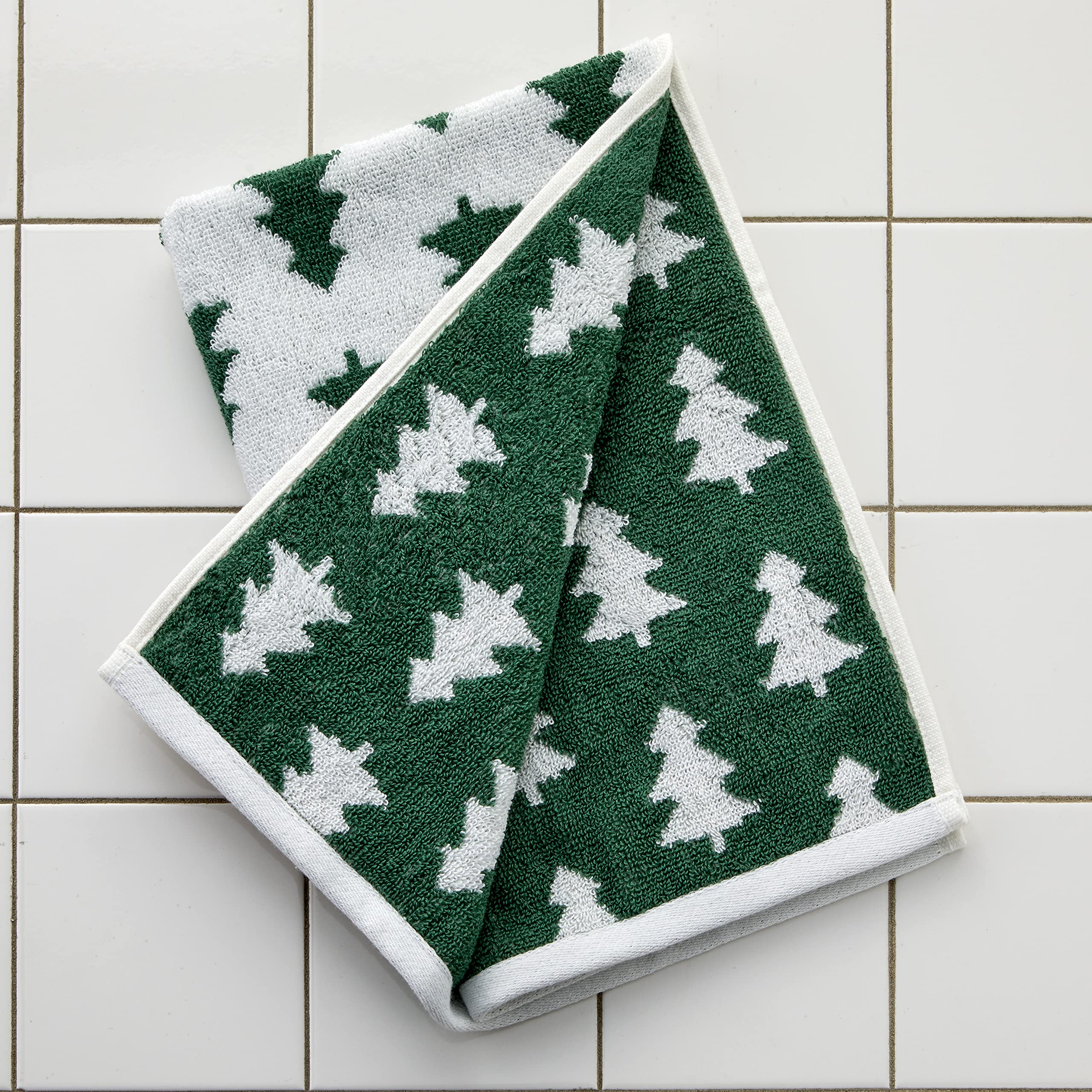 Skl Home Fall/Winter/Christmas Holiday Trees Hand Towel 2Pc Set For Bath/Kitchen/Bar & Gift, Green/White