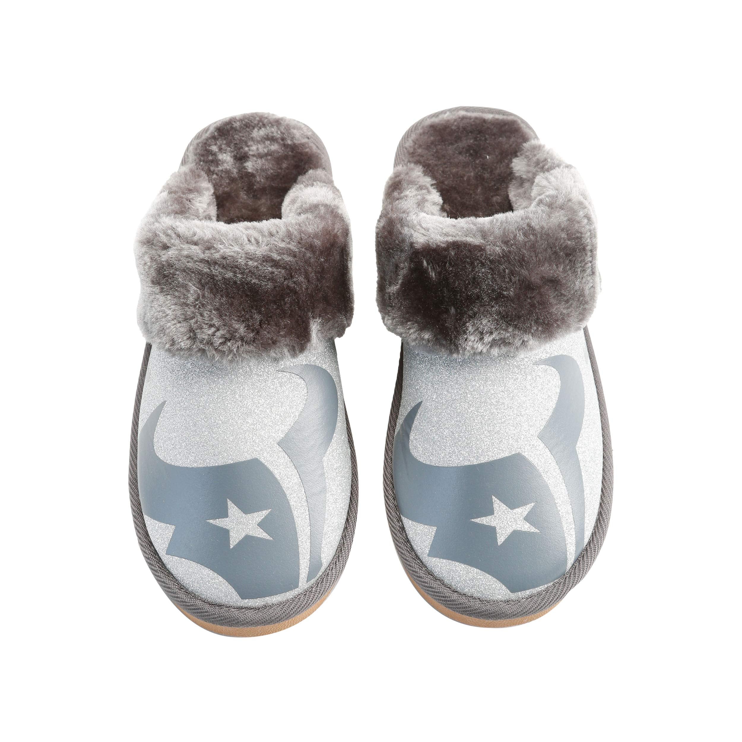 Houston Texans Nfl Womens Glitter Open Back Faux Fur Moccasin - Xl (11-12)