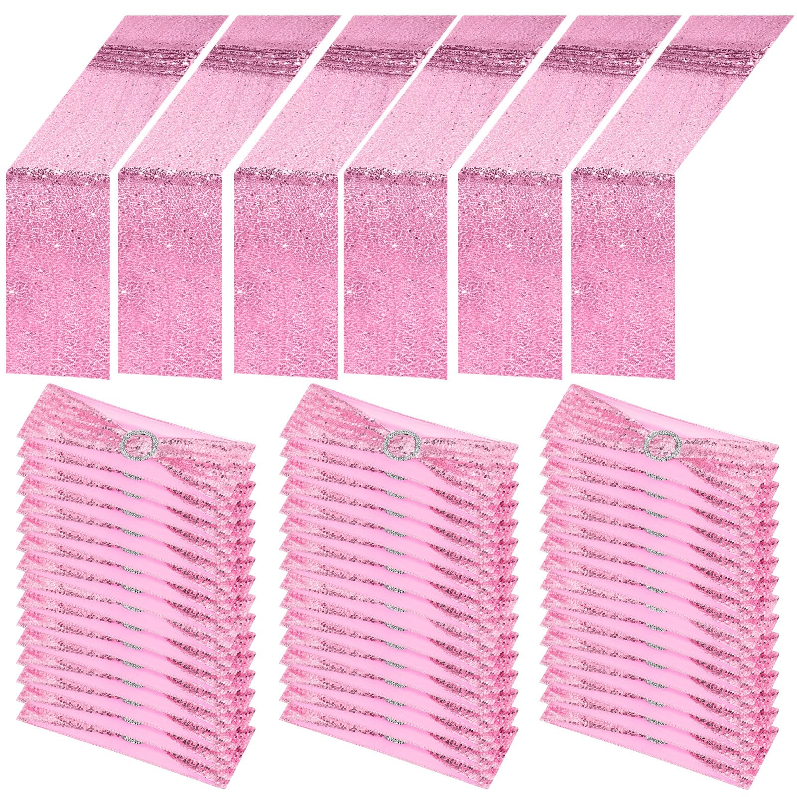 Newwiee 54 Pcs Pink Sequin Chair Sashes and Table Runners, 48 Sequin Chair Bows, 6 Glitter Table Runners for Birthday Party Wedd