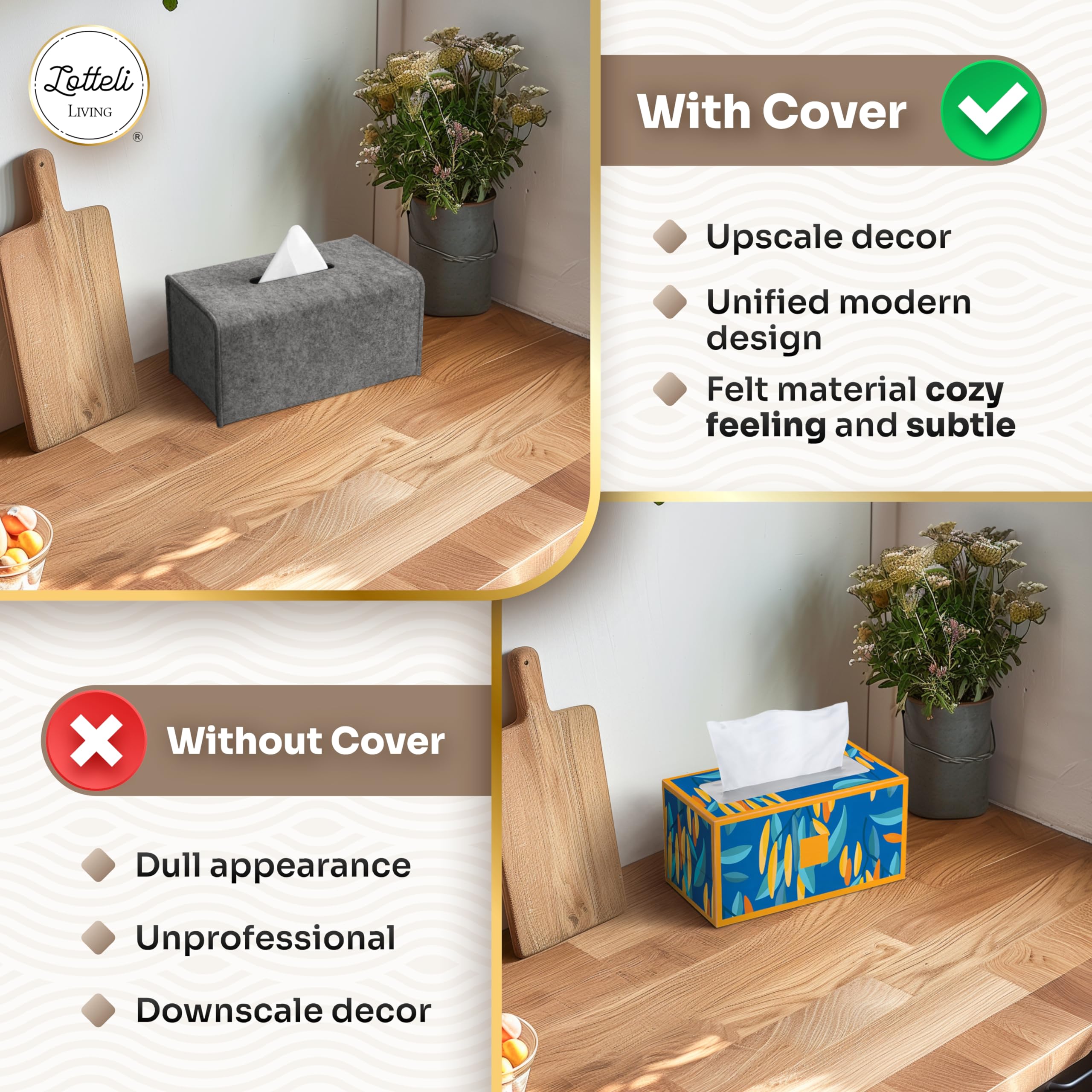 2 Pack Tissue Box Cover - Decorative Tissue Box Holder - Modern Felt Tissue Box Cover Rectangle - Large Size - Taupe