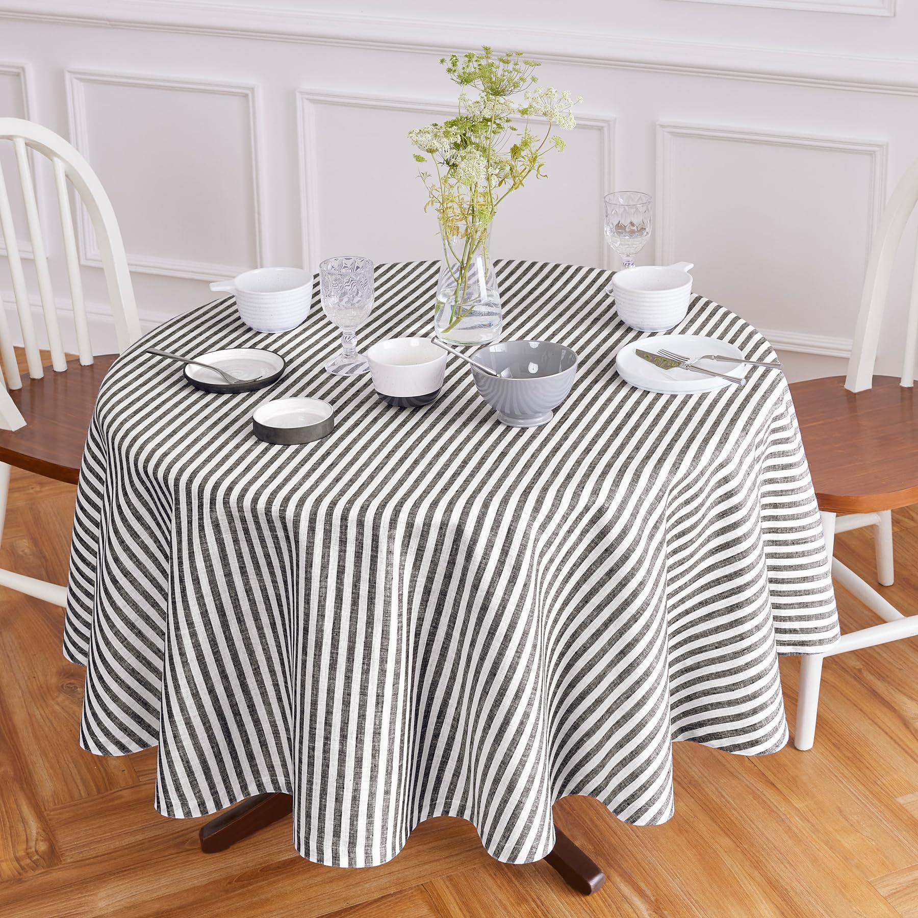 Solino Home Stripe Linen Round Tablecloth - 100% Pure Linen Black And White Tablecloth 60 Inch Diameter For Spring, Easter - Han