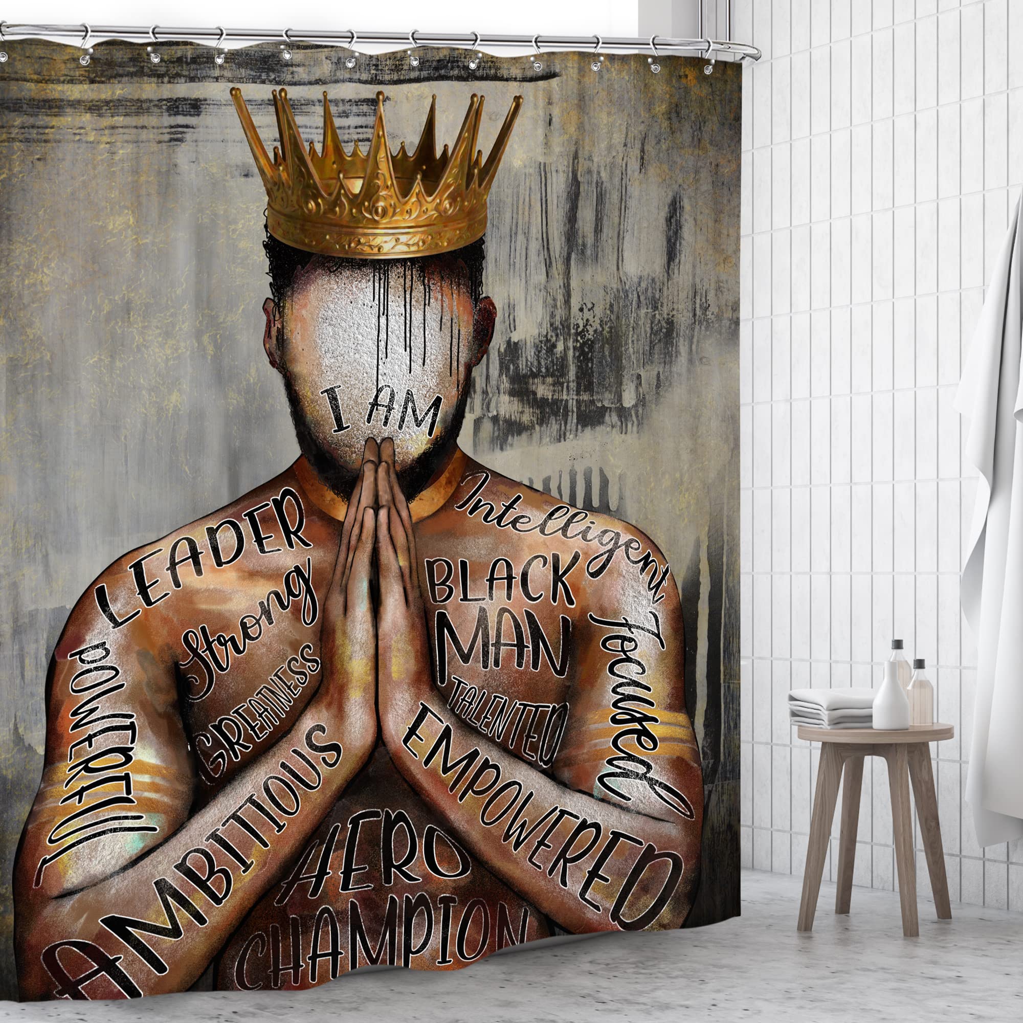 Omifly Black Mens Shower Curtain 60Wx72H Inch African American Man Bathroom Set Black King Inspirational Quotes Motivational Phr