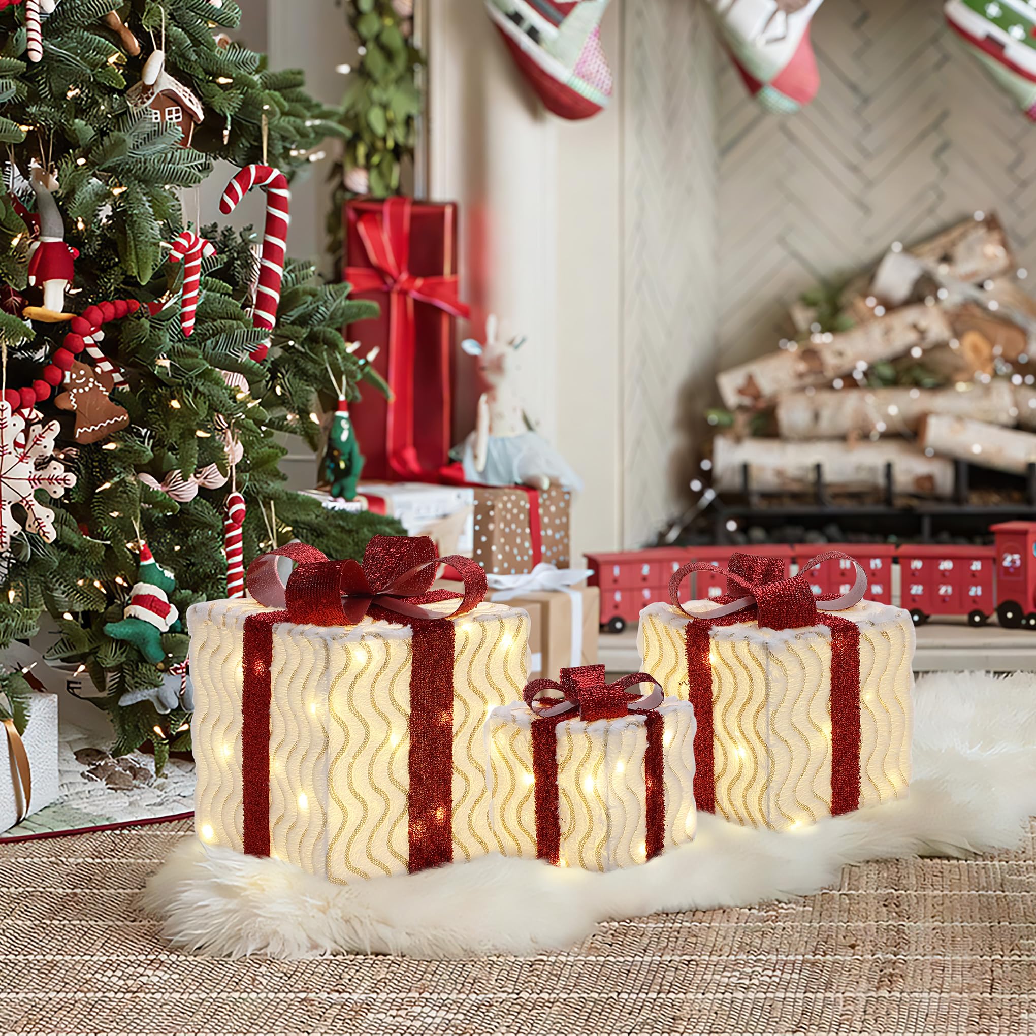 LuxenHome Set of 3 Lighted Gift Boxes, Plug-in Wavy Design with Red Ribbon Bow Boxes for Xmas Holiday Display, Lawn, Porch, Unde