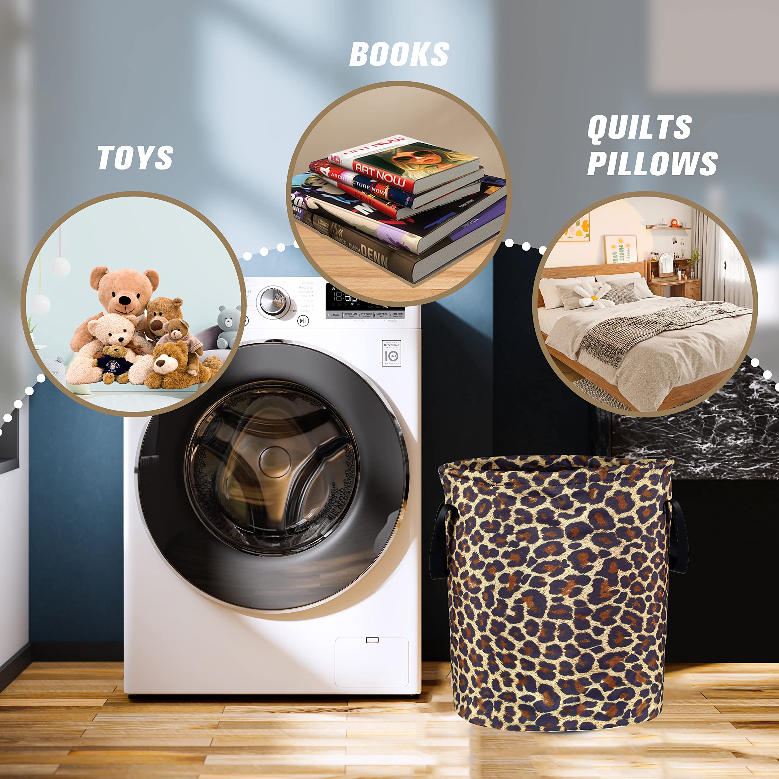 Brown Leopard Laundry Basket Foldable Waterproof Oxford Cloth Funny Tote Bag Laundry Hamper Clothes Storage Bucket Toy Organizer