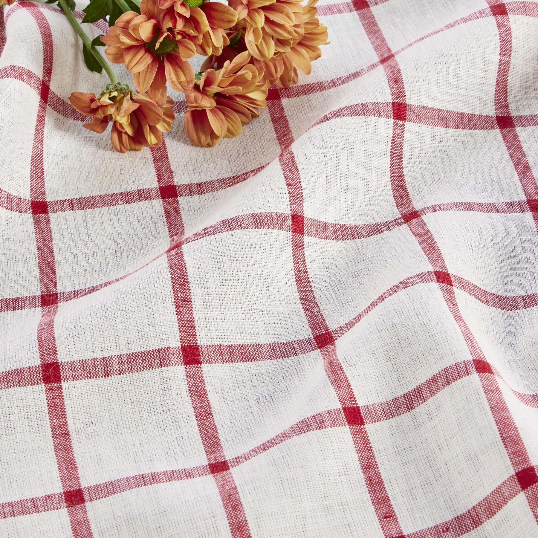 Solino Home Plaid Linen Placemats Set Of 4-100% Pure Linen Tofu And Red Check Placemats 19'' L X 14'' W Inch - Machine Washable