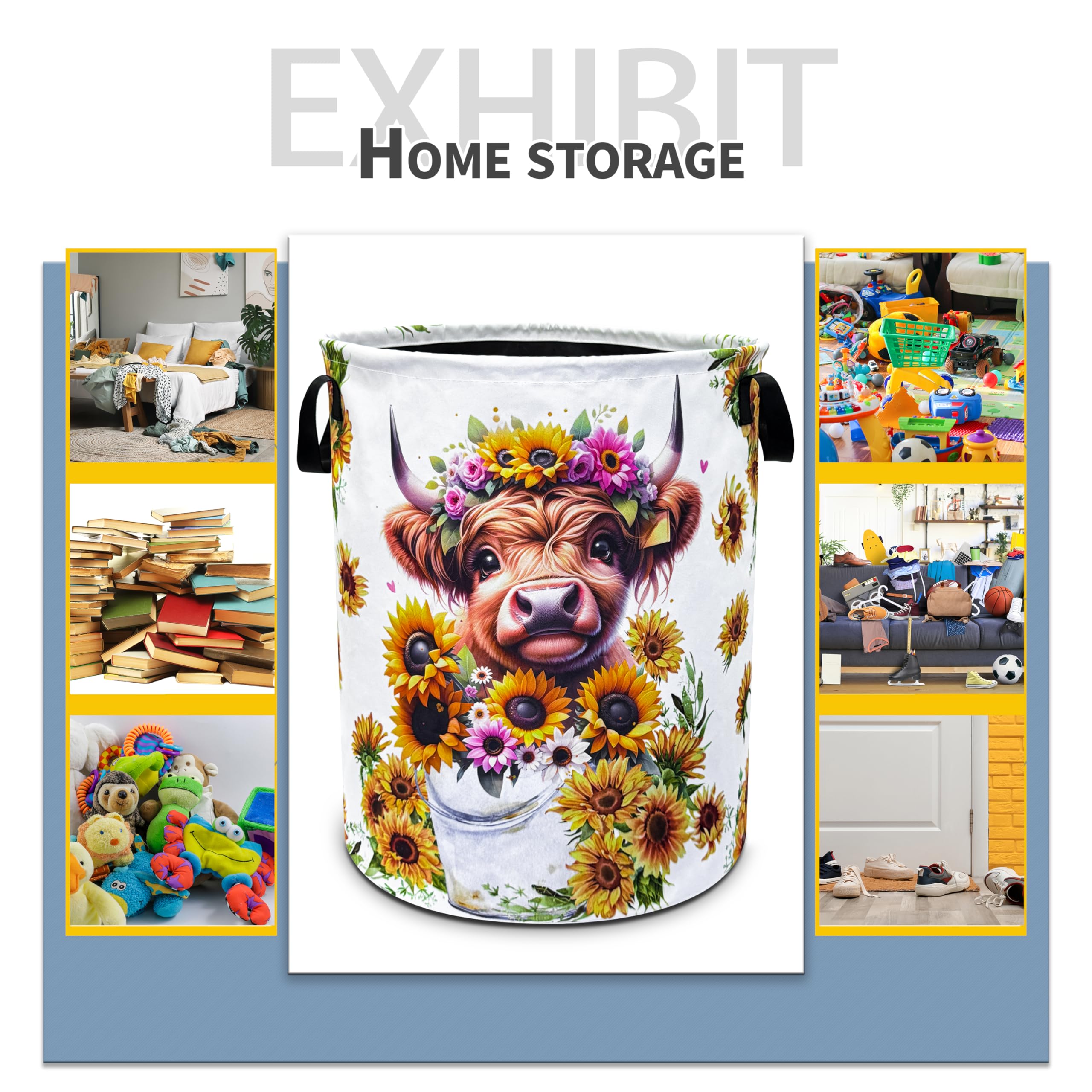 Highland Cow Laundry Basket Sunflower Flower Foldable Oxford Cloth Funny Tote Bag Laundry Hamper Clothes Storage Bucket Toy Orga