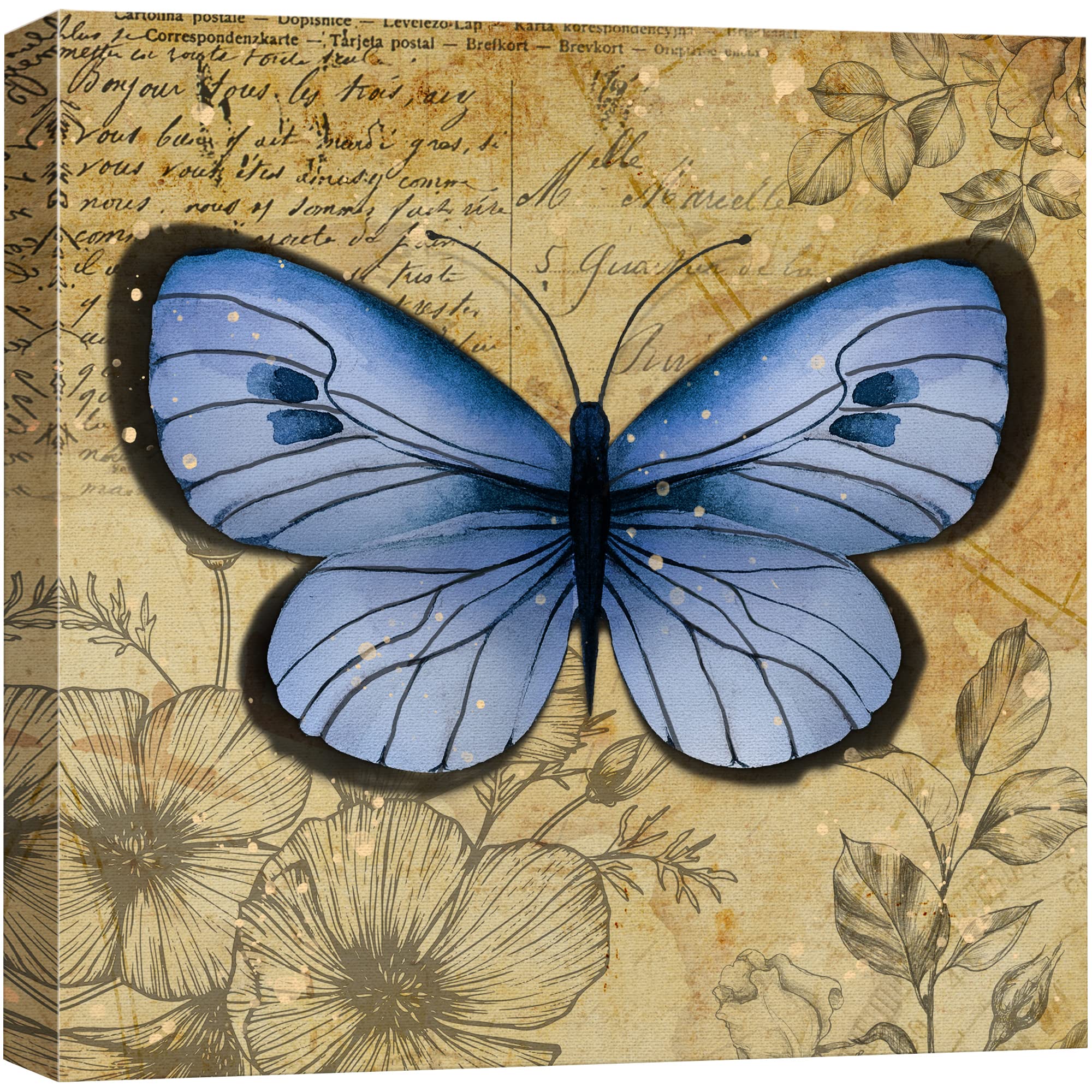 Wall26 Canvas Print Wall Art Pastel Blue Butterfly Floral Pattern Nature Wilderness Rustic Modern Art Farmhouse Decorative Anima