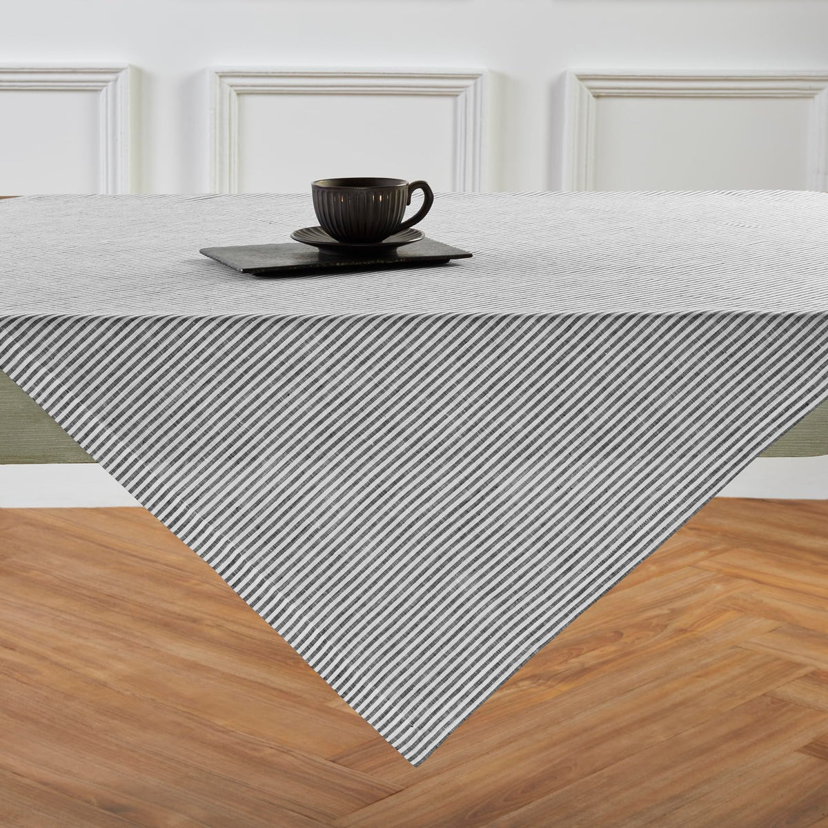 Solino Home Stripe Linen Tablecloth - 100% Pure Linen Black And White Table Throw 52 X 52 Inch For Spring, Easter - Handcrafted