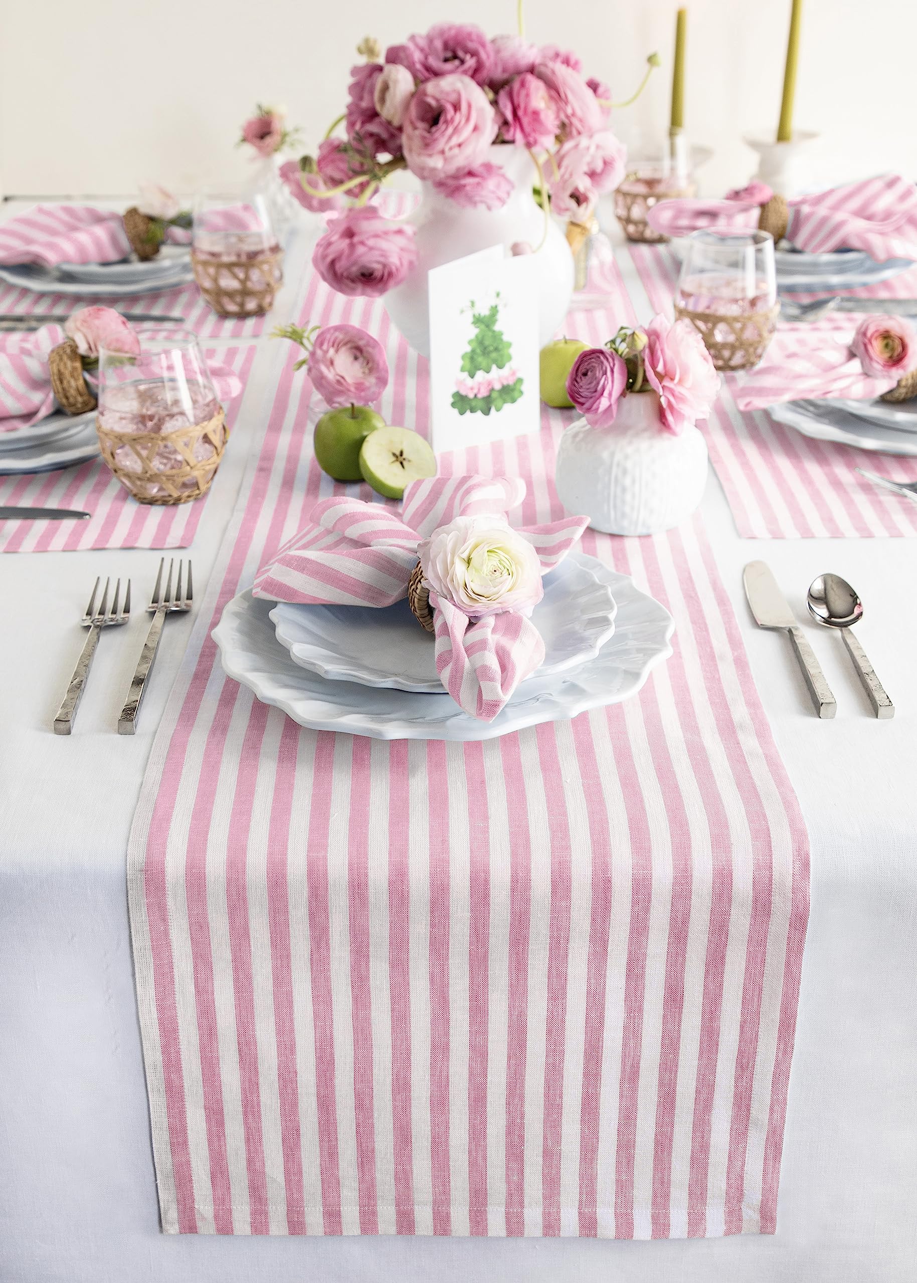 Solino Home Stripe Linen Table Runner 72 Inches Long - 100% Pure Linen Cherry Blossom And White Dining Table Runner 14 X 72 Inch