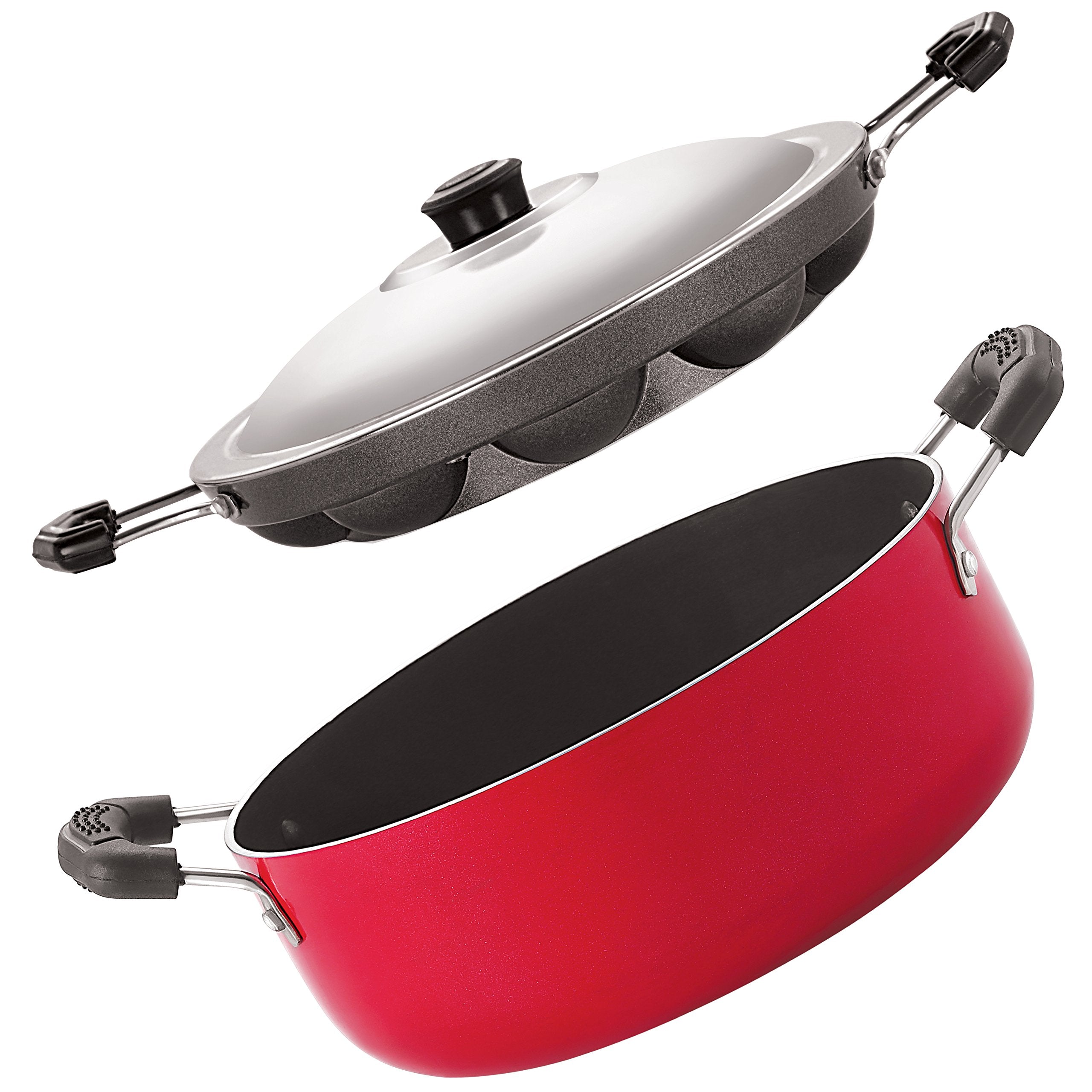 Nirlon NonStick Aluminium Gas Compatible Appampatram And Casserole Combo Set, Red And Black