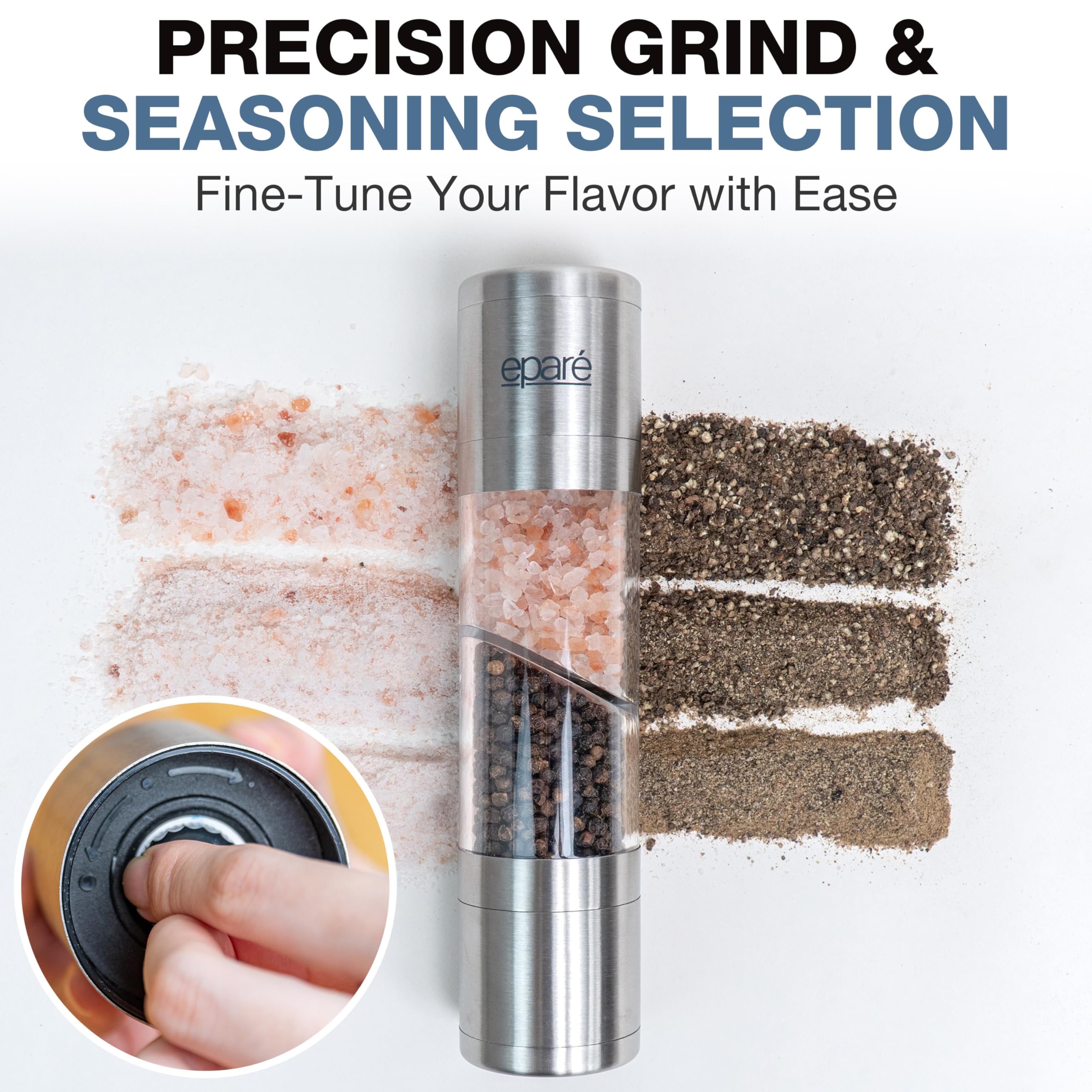 Eparé 2 in 1 Salt and Pepper Grinder Combo – Manual Stainless Steel Mill, Pink Himalayan Salt, Model EPSPM006