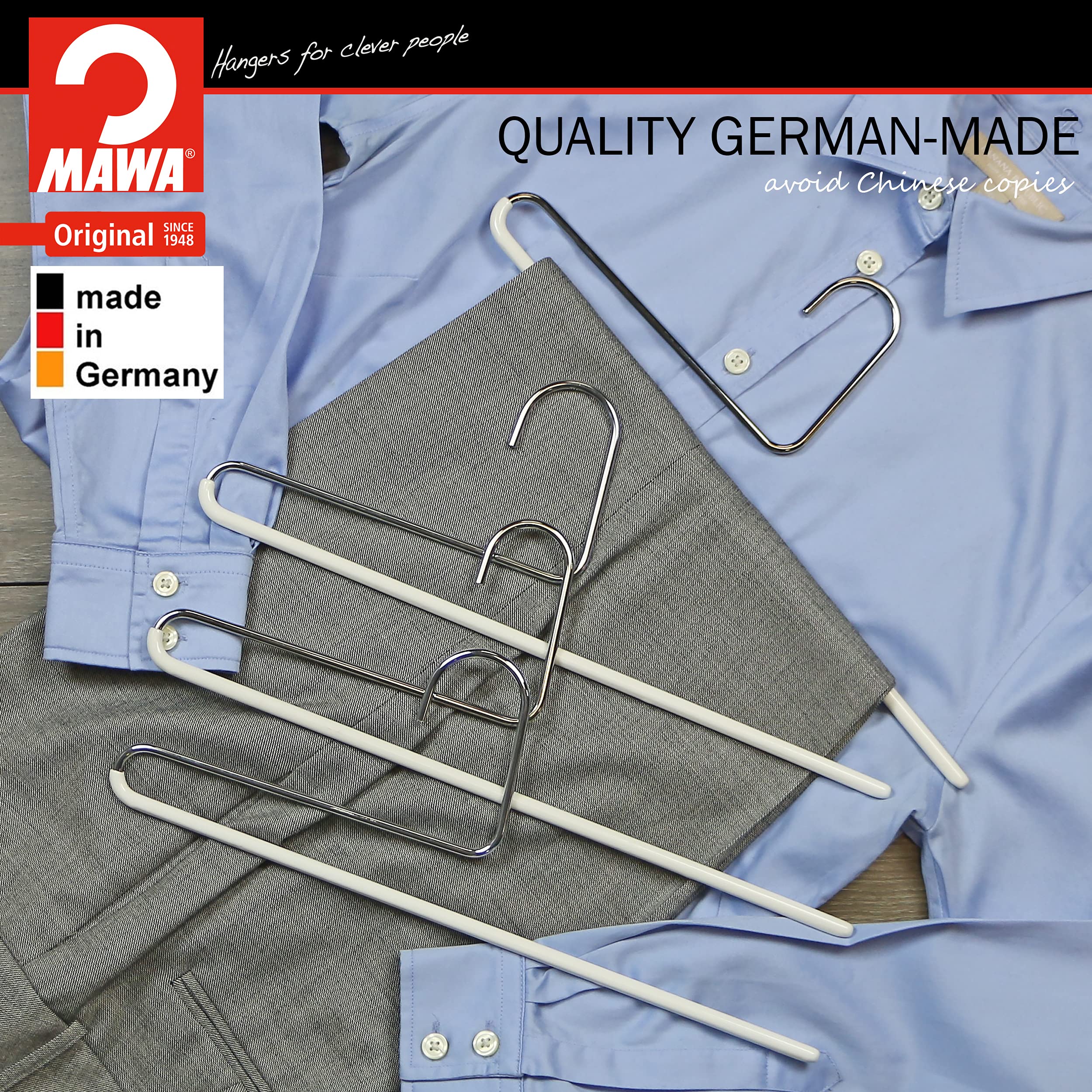 Mawa By Reston Lloyd Reverse Hook Trouser Series Non-Slip Space-Saving Clothes Hanger With Single Rod For Pants, Style Kh/35U, S