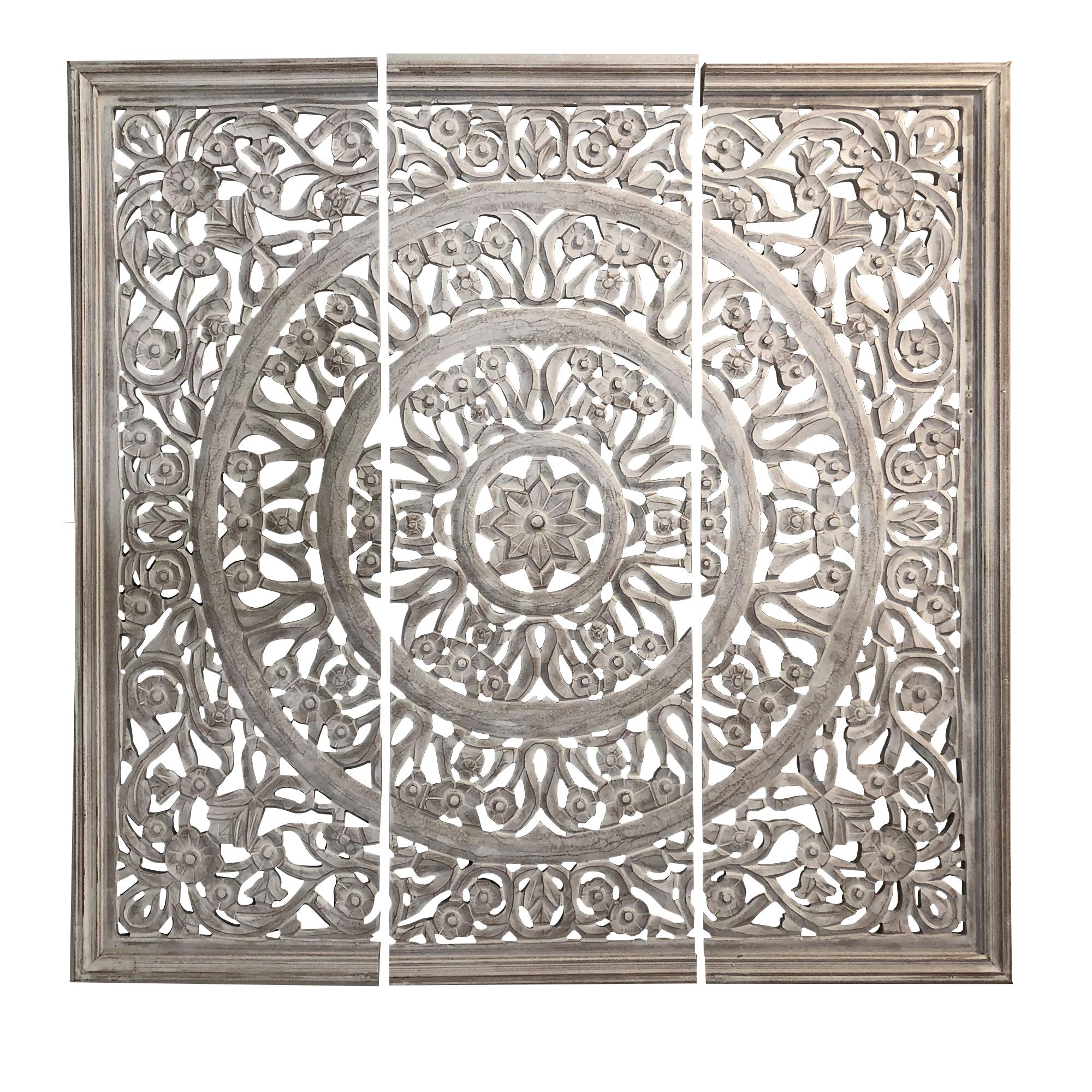 The Urban Port Hand Carved Panels Wooden Wall Art with Cutouts, Set of 3, Distressed White