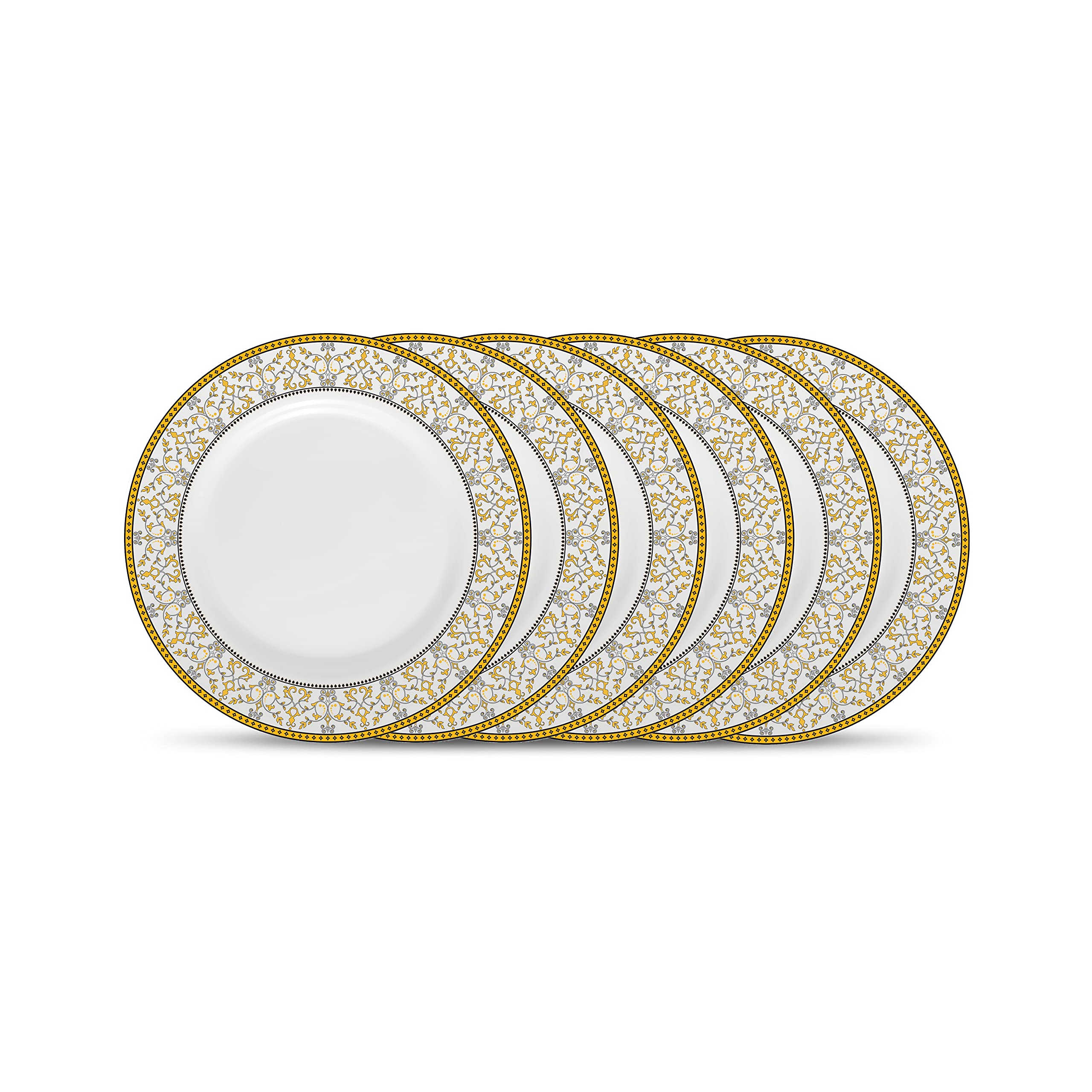 La Opala Diva Sovrana Collection Opal Glass Crockery | Full Plate Set Of 6 Moroccan Gold | Dinner Plate For Dining & Gifting | M