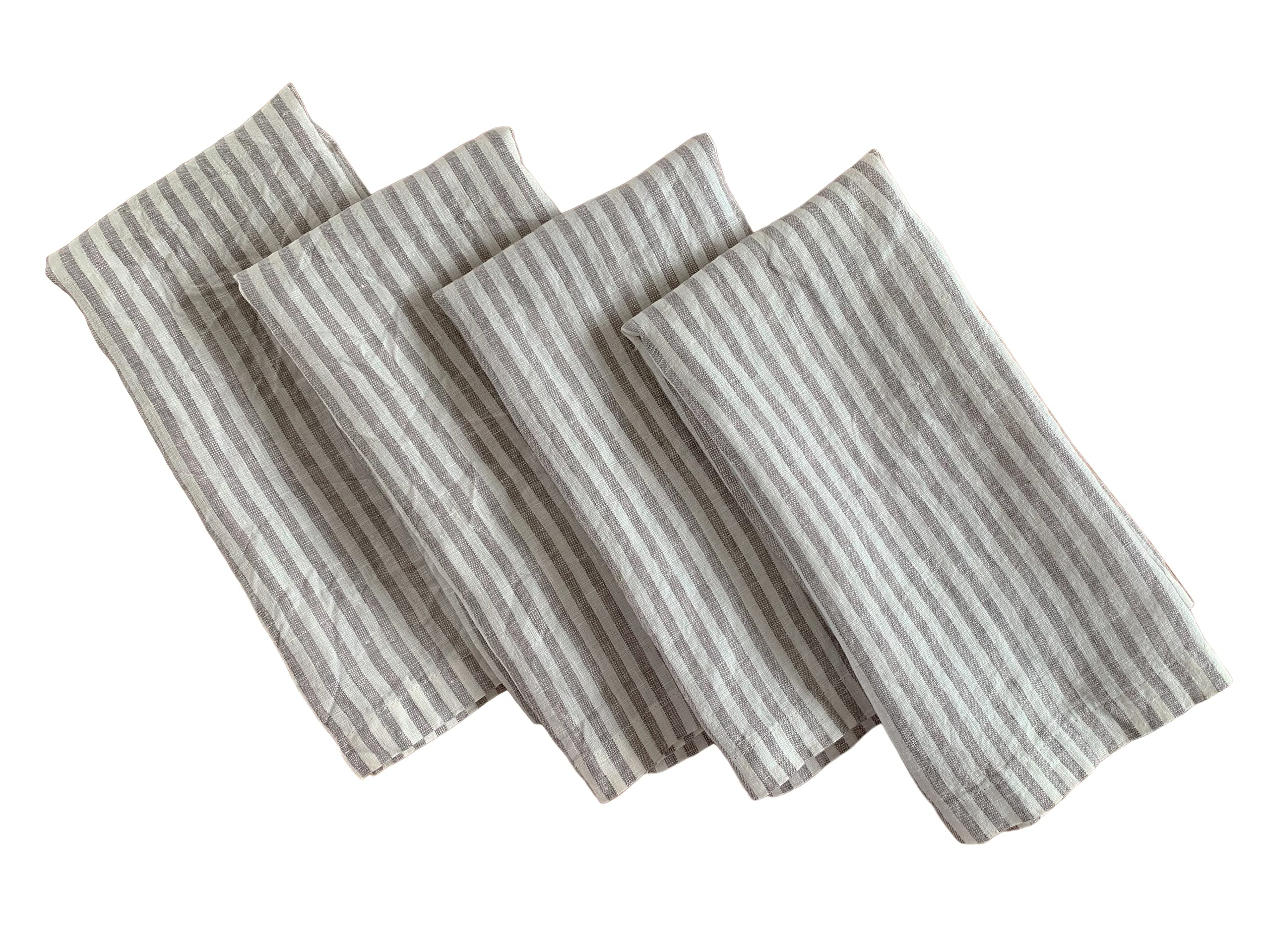 Linen Napkins - 100% French Flax - Stonewashed Pure Linen Cloth Napkins - Mitered Corners - Set Of 4 (Gray/White Stripe)