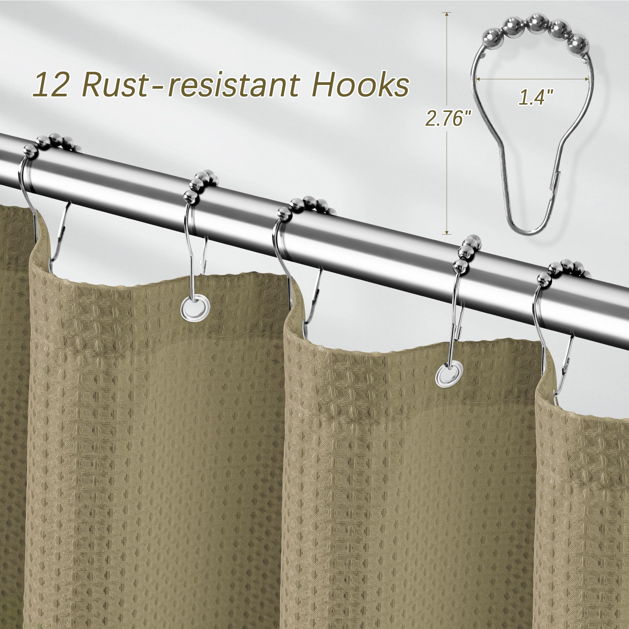 Pangsinne Taupe Shower Curtain 256Gsm Heavy Duty Waffle Woven Bathroom Shower Curtains, Weighted Fabric Shower Curtains For Hote