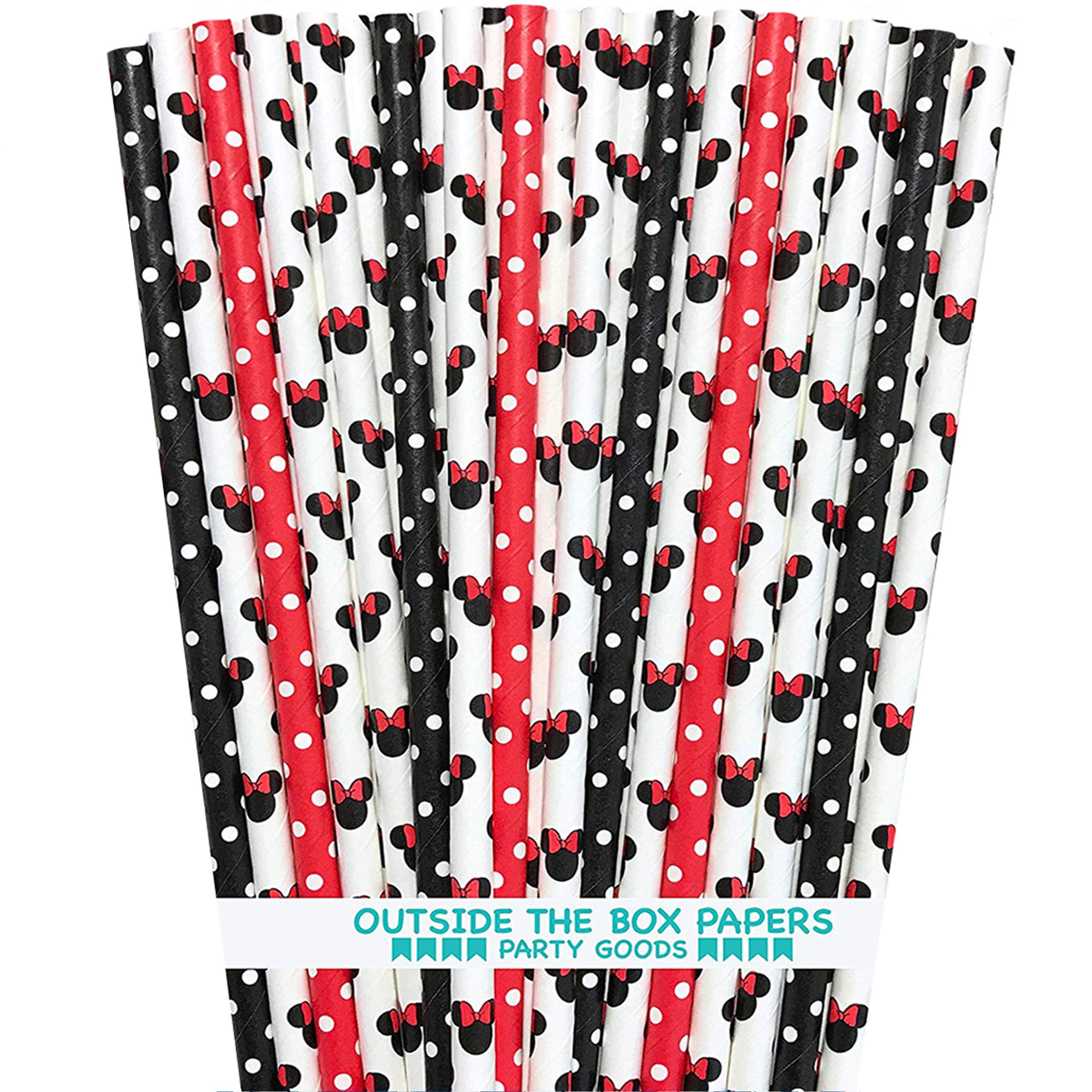 Minnie Mouse Inspired Mouse Ears And Polka Dot Paper Straws - Red White Black - 7.75 Inches - 100 Pack - Outside The Box Papers