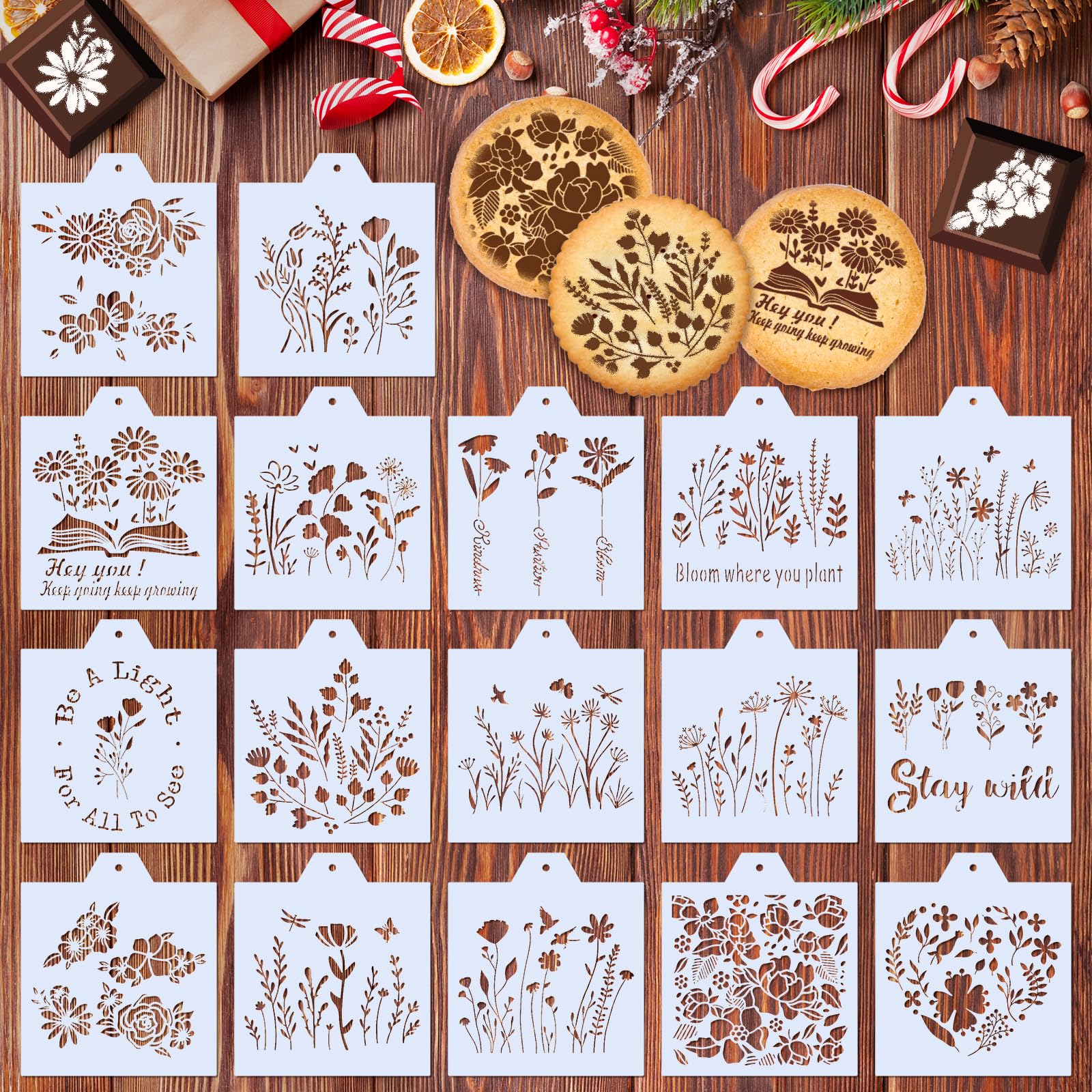 Whaline 17Pcs Flower Theme Cookie Stencils Inspirational Floral Airbrush Painting Stencils Assorted Biscuit Cake Baking Template