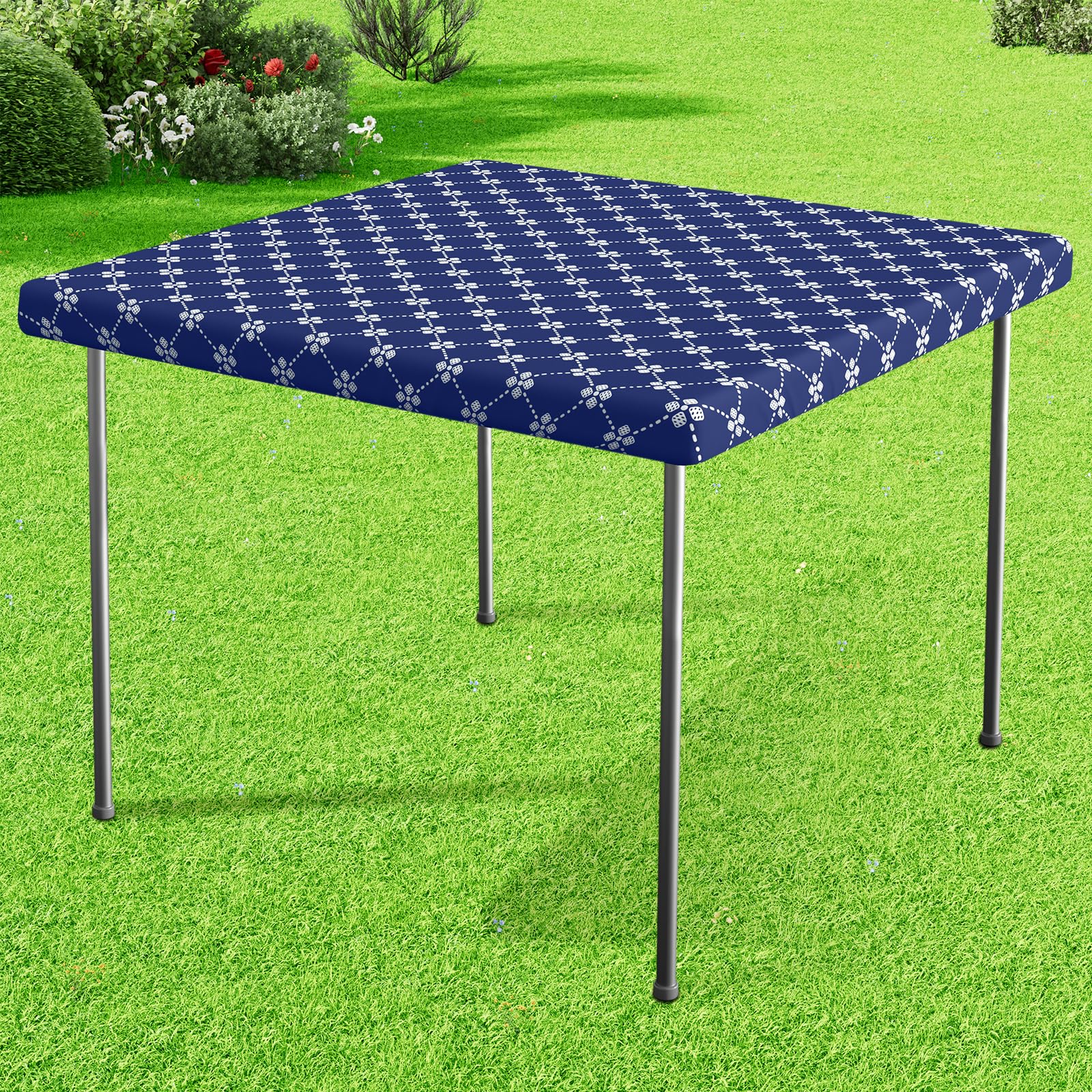 misaya Square Vinyl Table Cloth, Elastic Fitted Tablecloth with Flannel Backing, Waterproof Plastic Table Cover Fits Folding Tab
