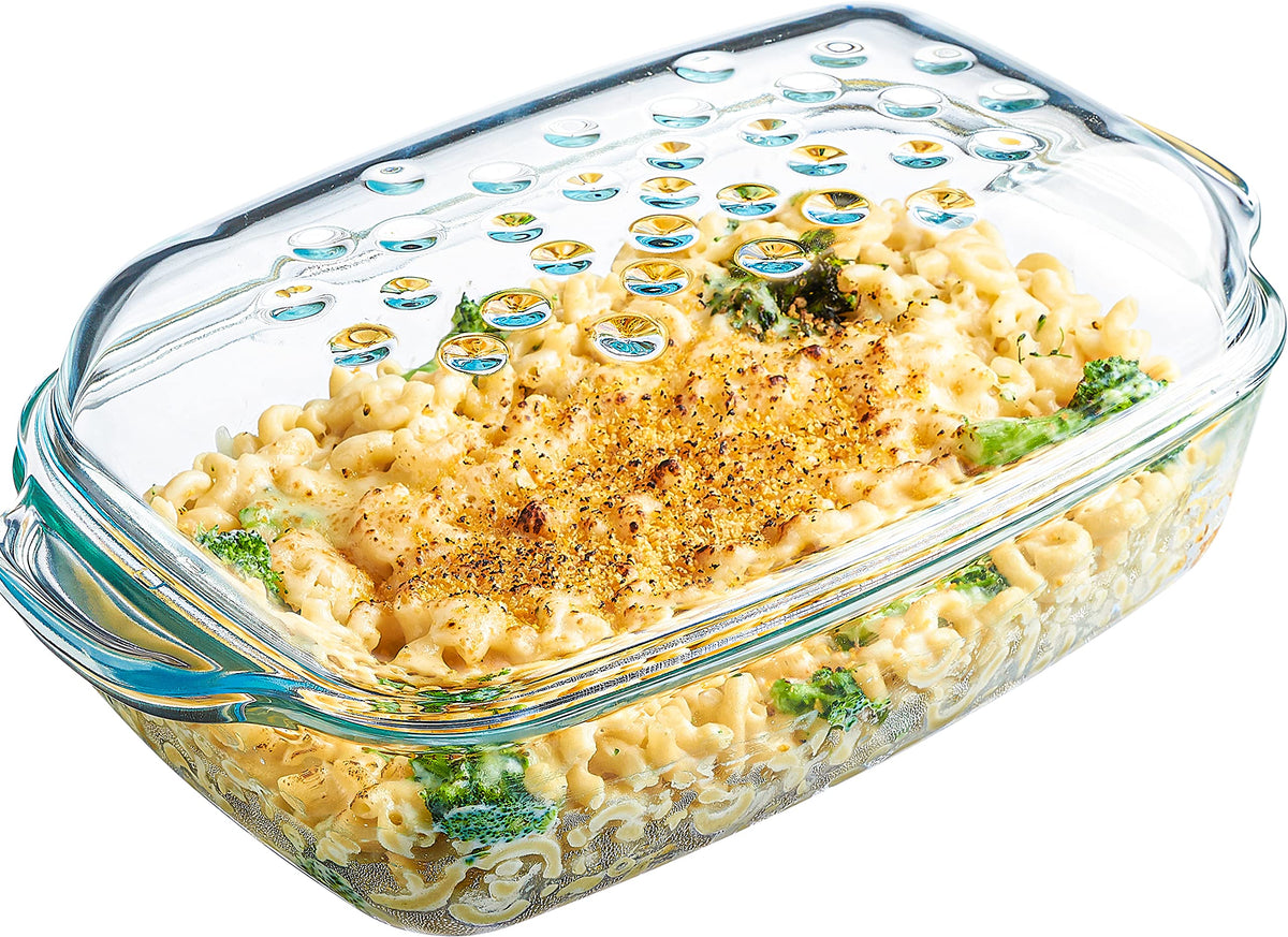 Simax Clear Glass Rectangle Roaster Pan With Lid, Raised Ridges For Fat Free Cooking, Durable Borosilicate Glass, Microwave And