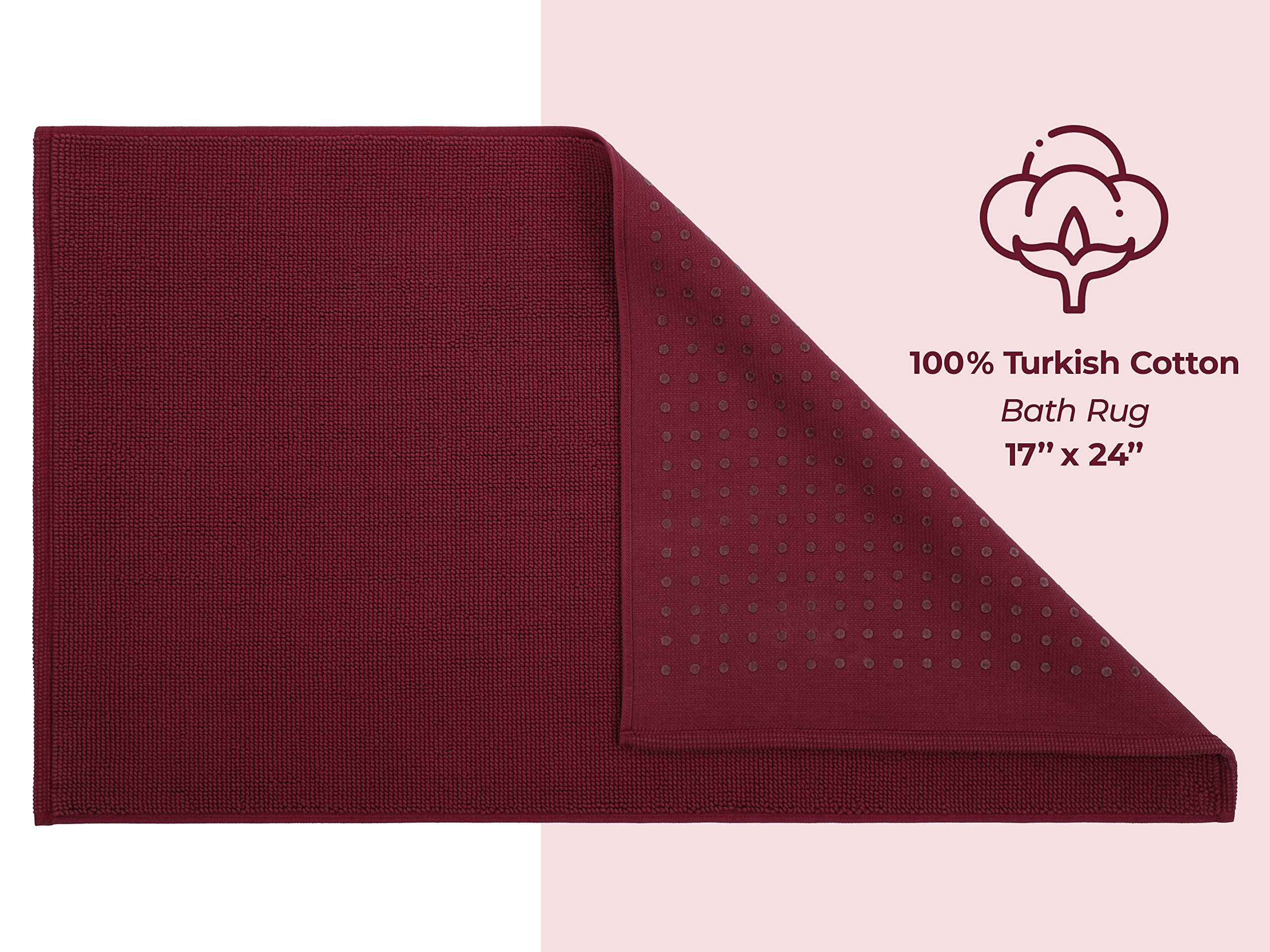 American Soft Linen Bath Rug, 17 In 24 In 100% Cotton Bath Mats Rugs For Bathroom, Non Slip Washable Shaggy Form Area Rugs, Burg