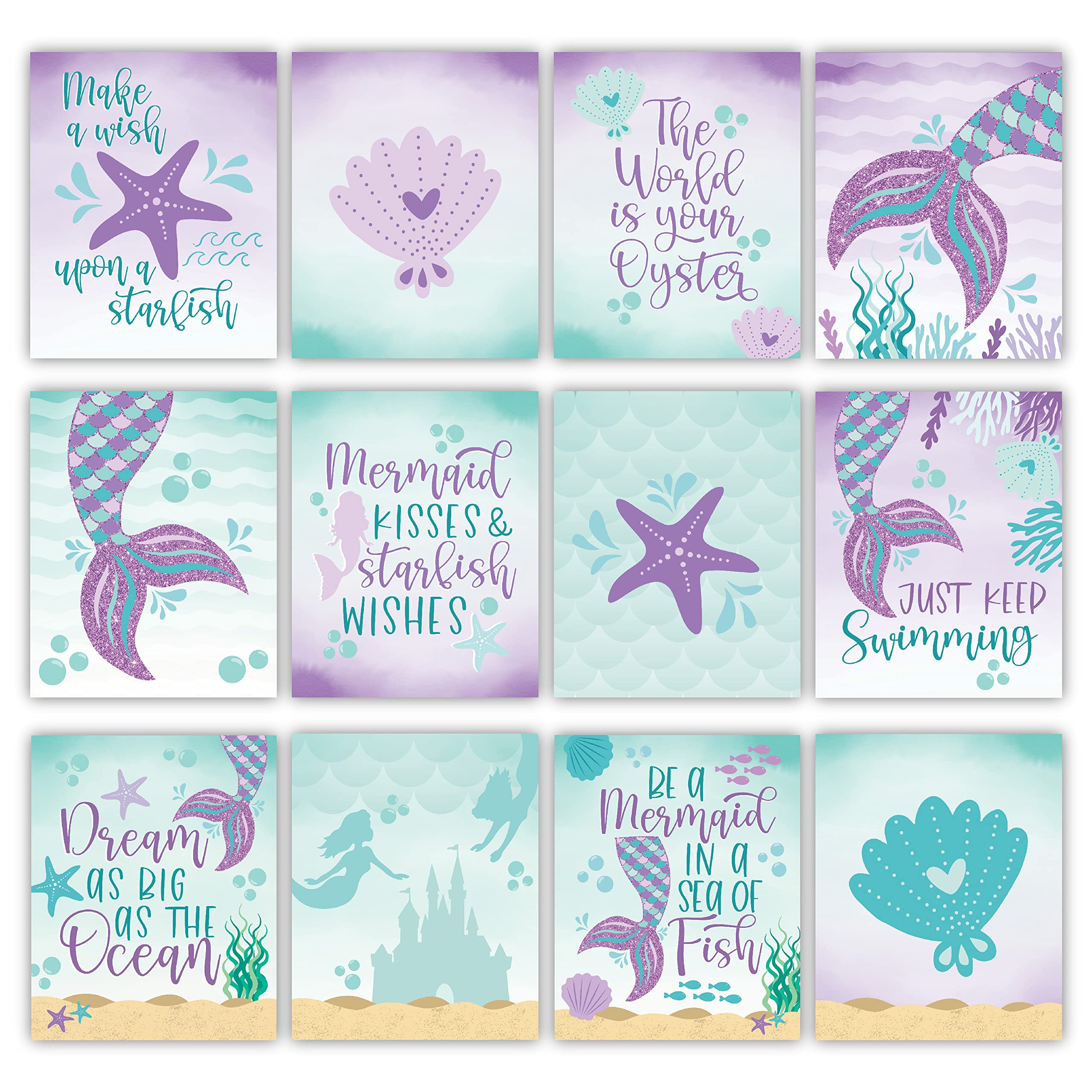Hadley Designs 6 Reversible 8X10 Mermaid Decor Prints, Mermaid Room Decor For Girls Bedroom, Under The Sea Decorations For Girls