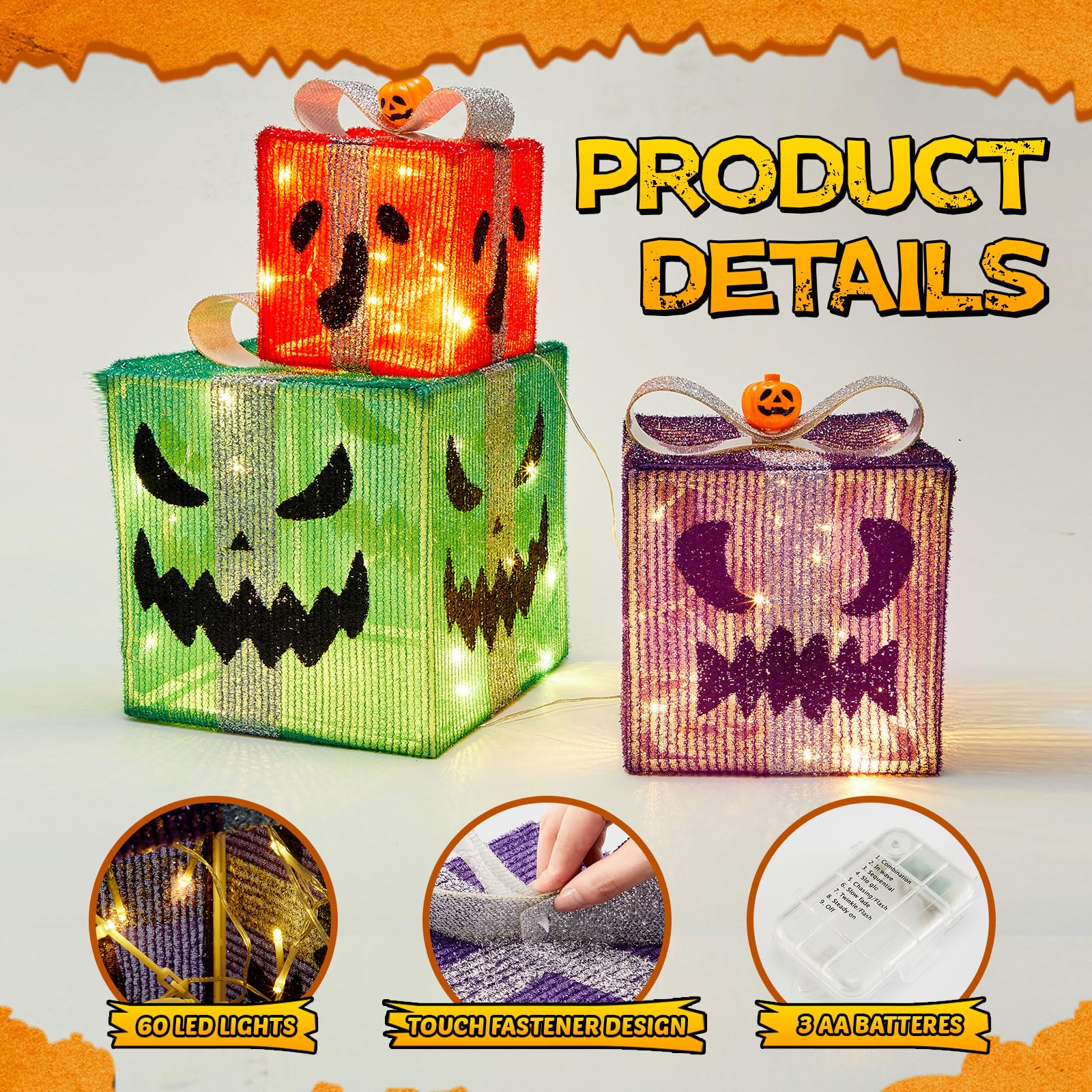Otoolling 3 Pack Lighted Halloween Pumpkin Gift Boxes with 8 Modes Lighted Battery Operated Jack O Lantern Presents Boxes Hallow