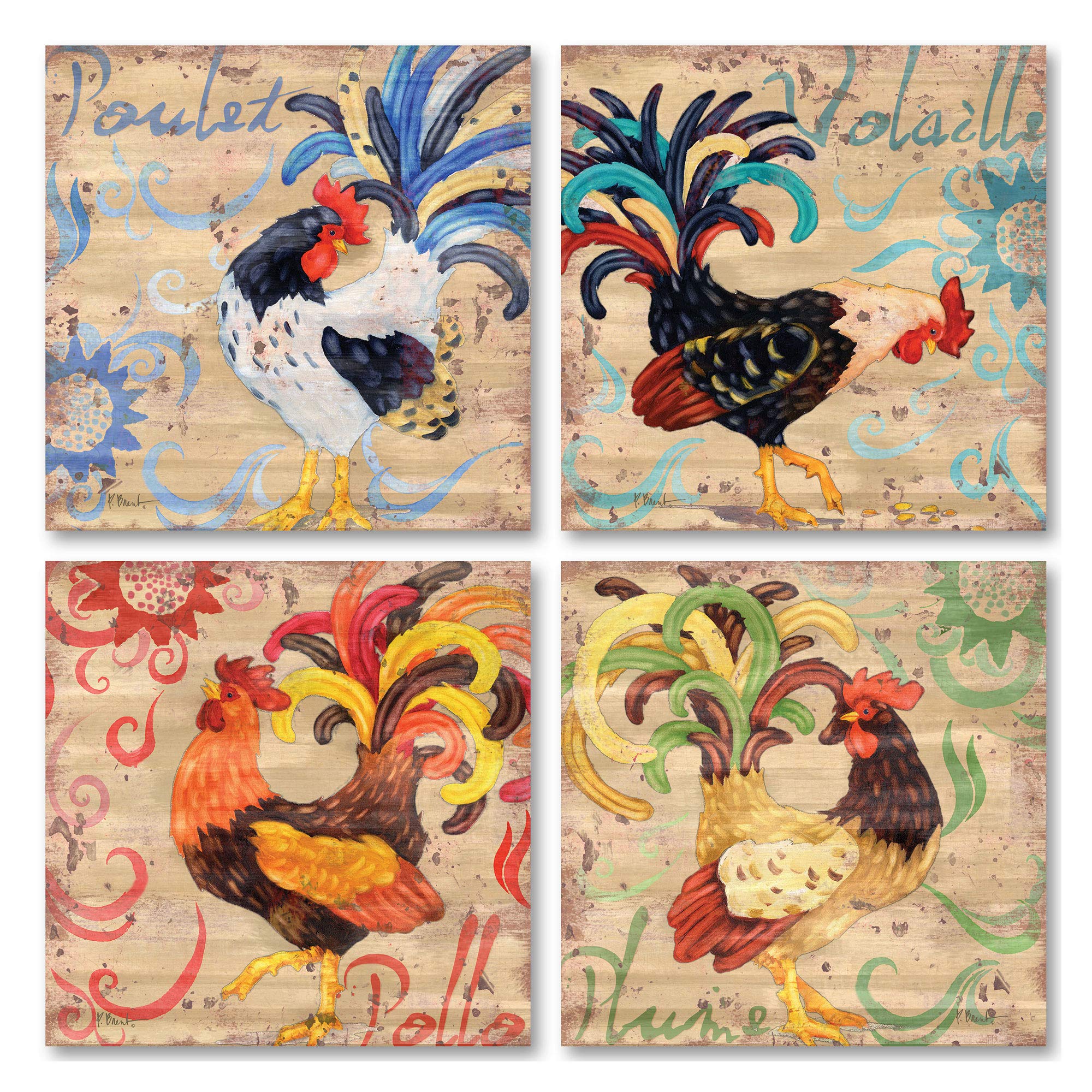 Royale Rooster Kitchen Art Print Posters By Paul Brent, 12 X 12, Set Of 4