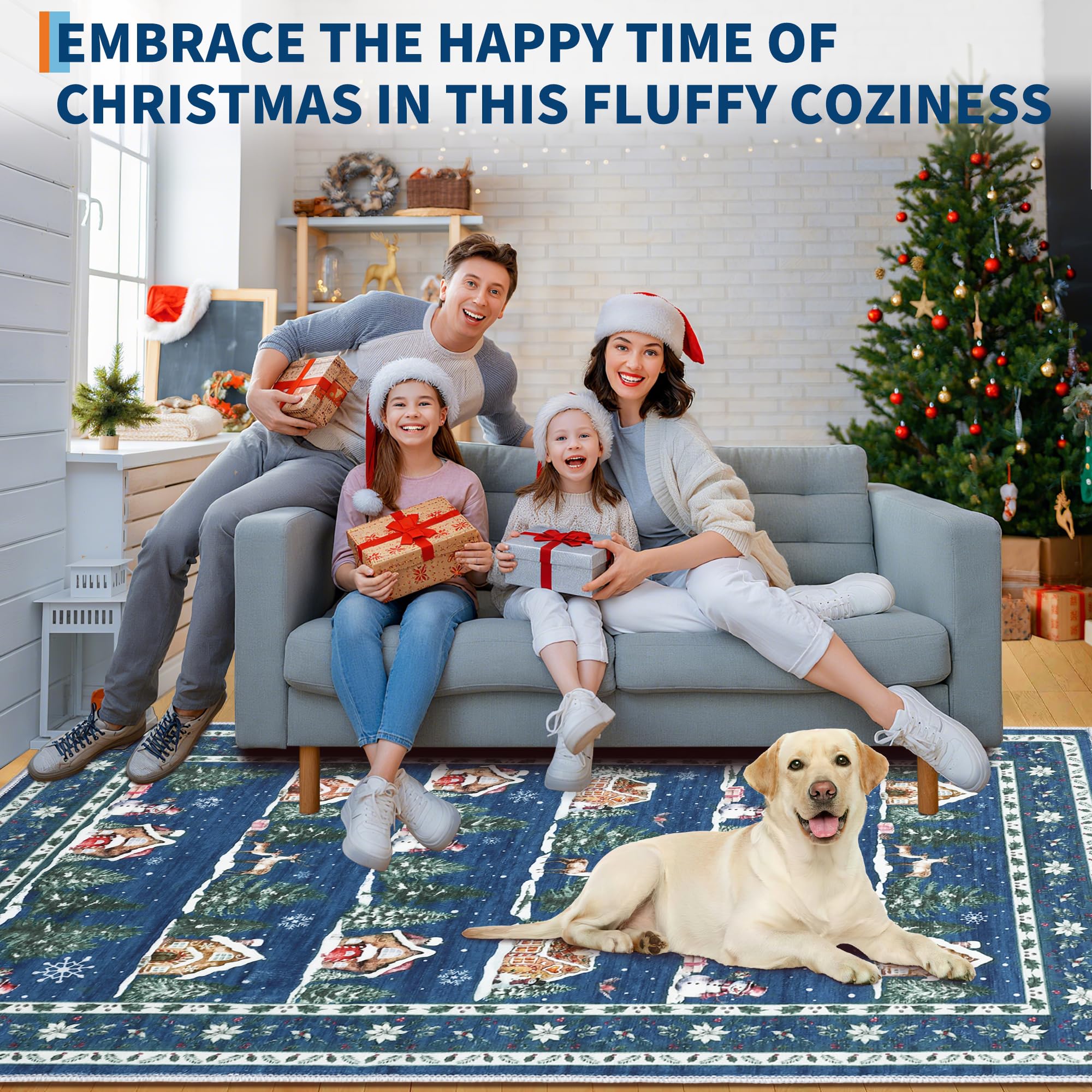 GarveeHome 4x6 Christmas Rugs for Living Room Machine Washable Holiday Decor Christmas Tree Animals Print Non-Slip Backing Low P