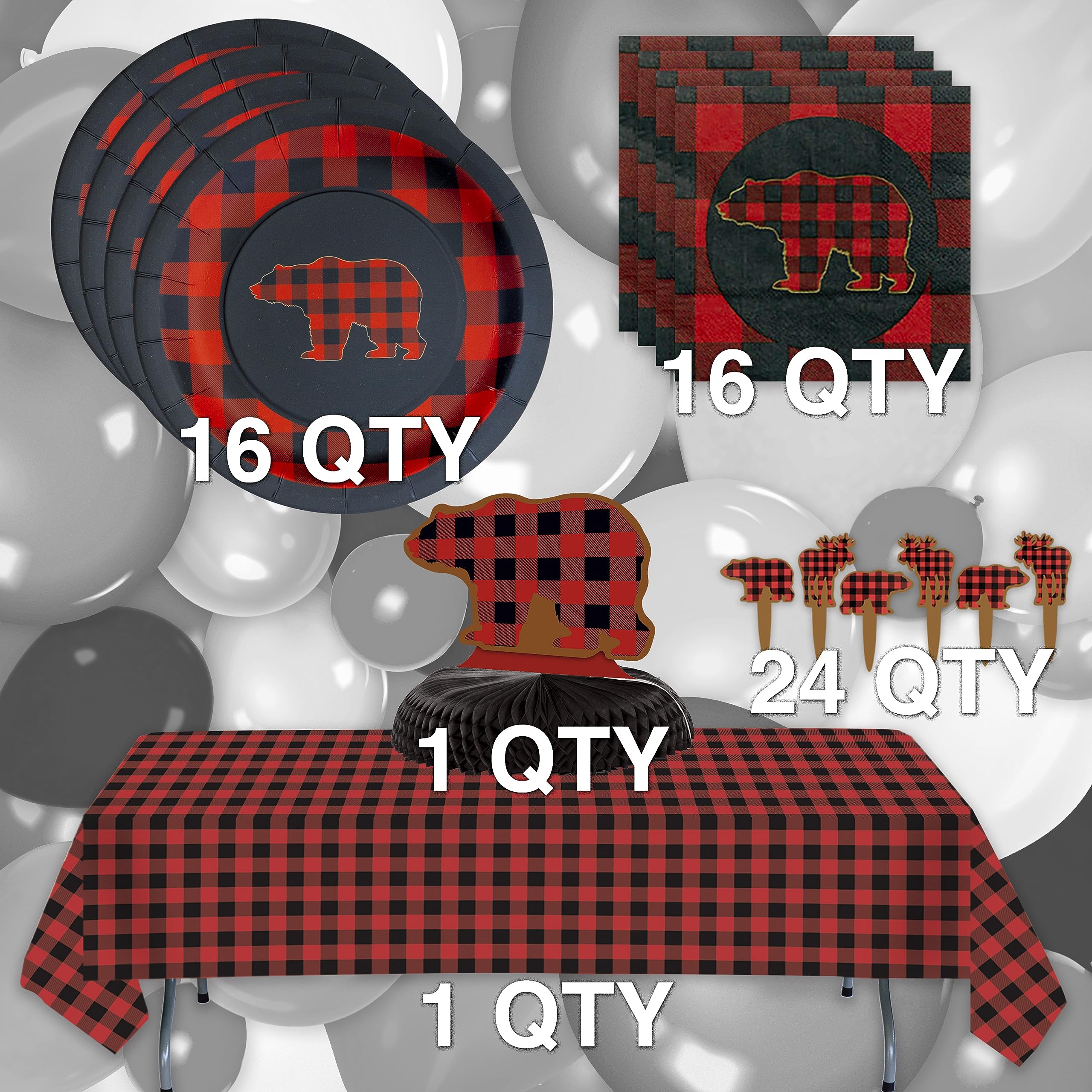 Buffalo Plaid Bear Party For 16 Guests! Includes 16 Ea. Bear 9 In. Dinner Plates & Beverage Napkins, 24 Bear Party Picks, 1 Lg.