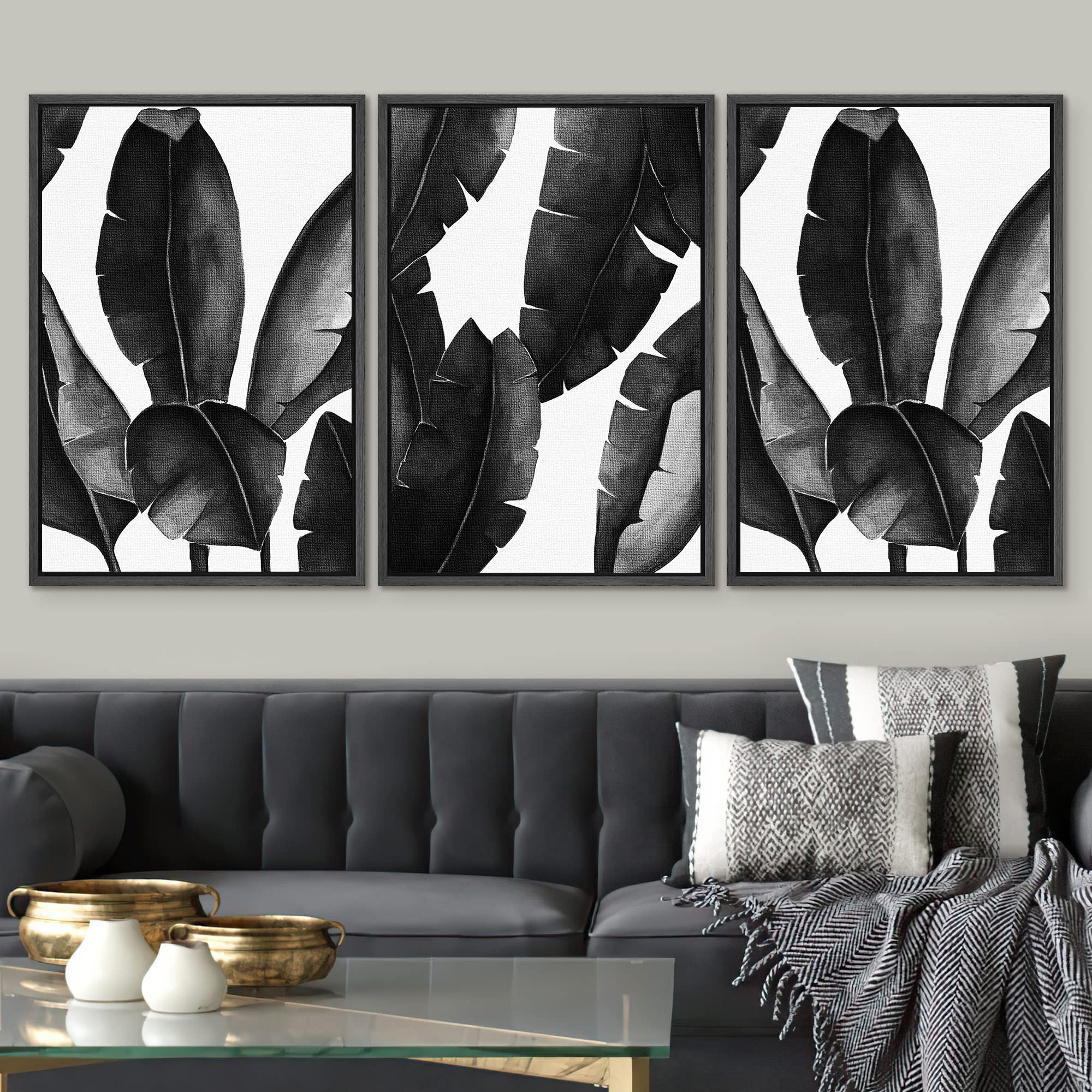 Signwin 3 Piece Framed Canvas Wall Art Black And White Tropical Leaves Canvas Prints Home Artwork Decoration For Living Room,Bed