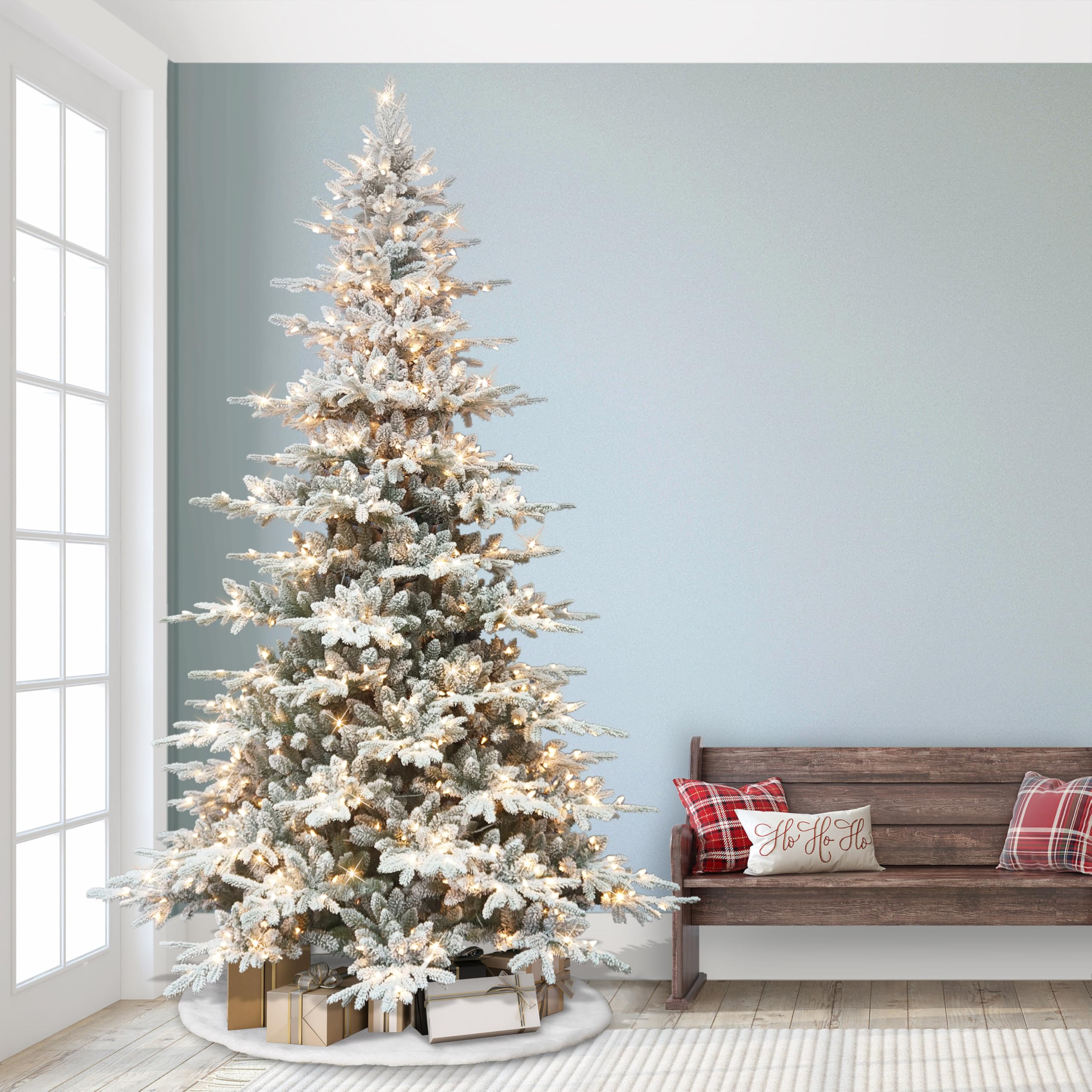 9 ft Pre-lit Flocked Utah Fir Tree, 3077 PE/PVC Tips, 800 UL Clear Incandescent Lights