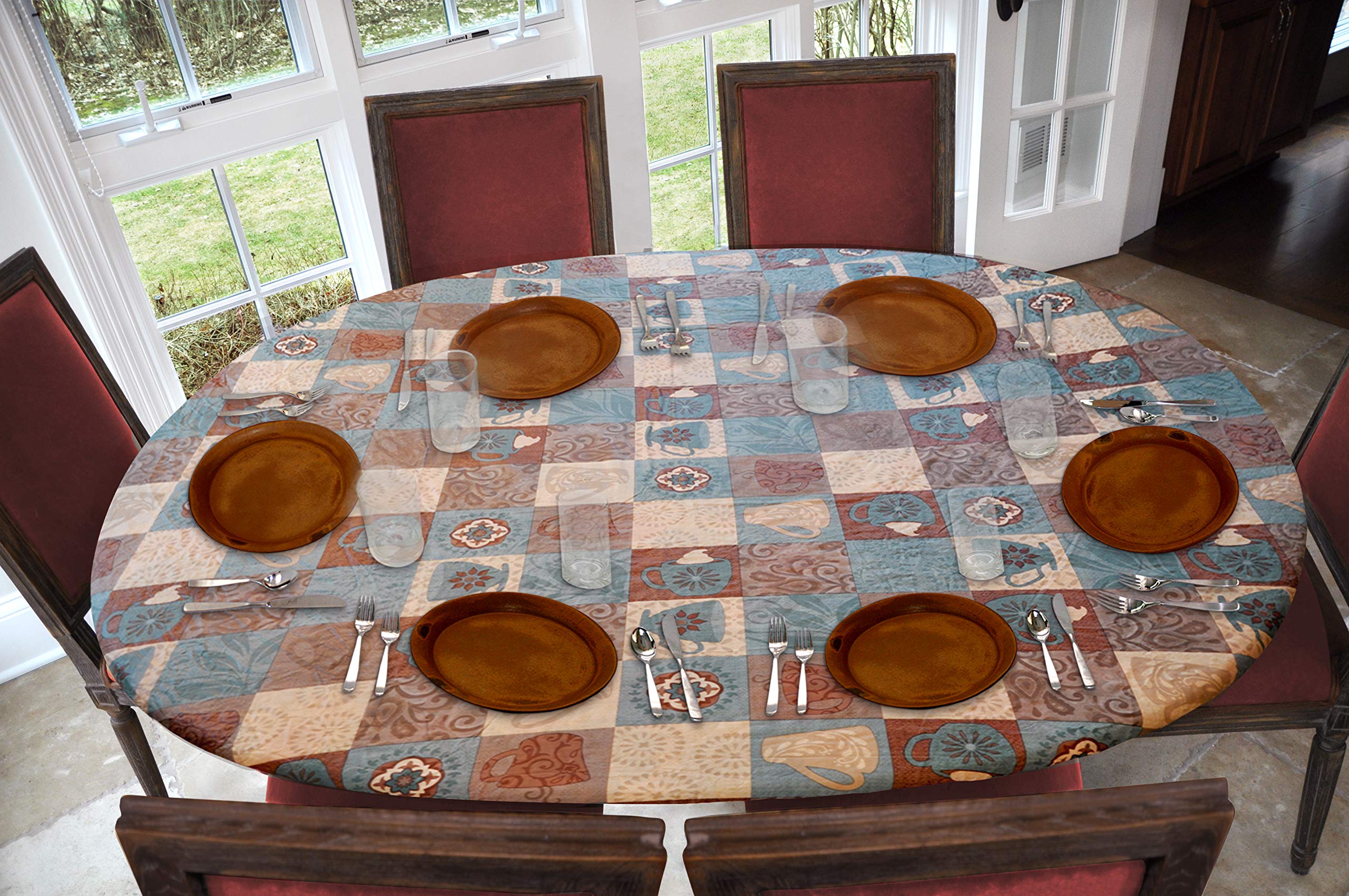 Covers For The Home Flannel Backed Vinyl Table Cover, Global Coffee, Fits 48" x 68", Oblong/Oval, Elastic Edged
