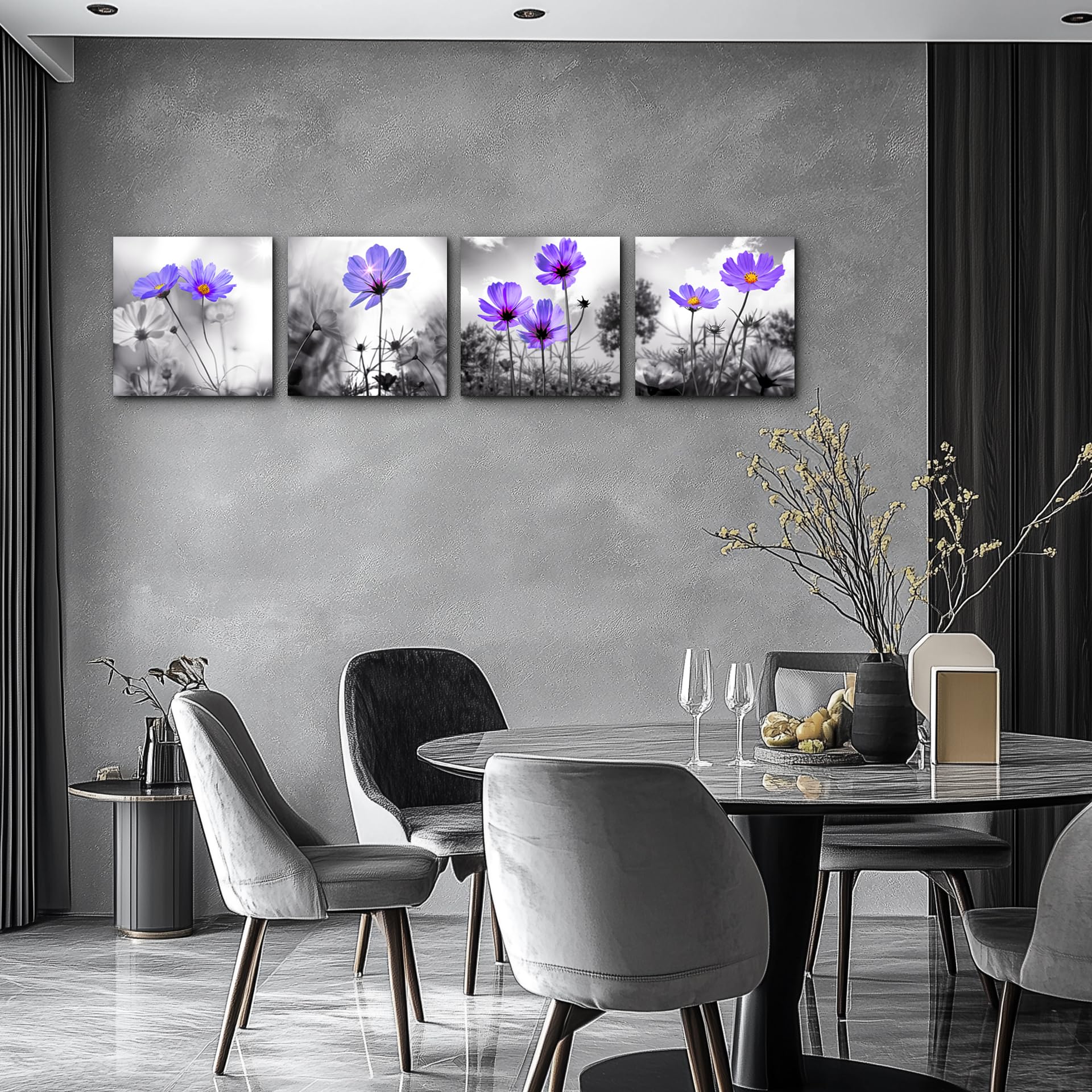 bathroom wall Decor wall art for bedroom Canvas Prints for kitchen poster pictures artwork Home wall Decorations for living room 16'' x 16'' 4 Pieces Framed Black and white landscape purple flowers