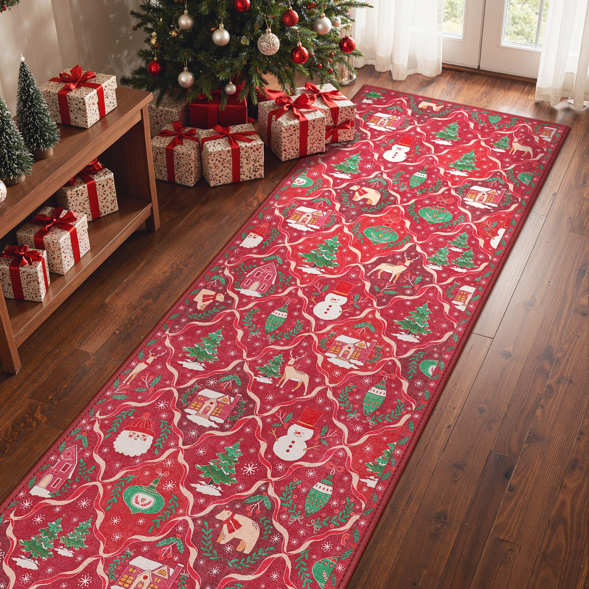 BEIMO Christmas Runner Rug 2x10 Washable Rug for Hallway Kitchen Bedroom, Christmas Home Decor, Holiday Print Carpet, Low Pile M