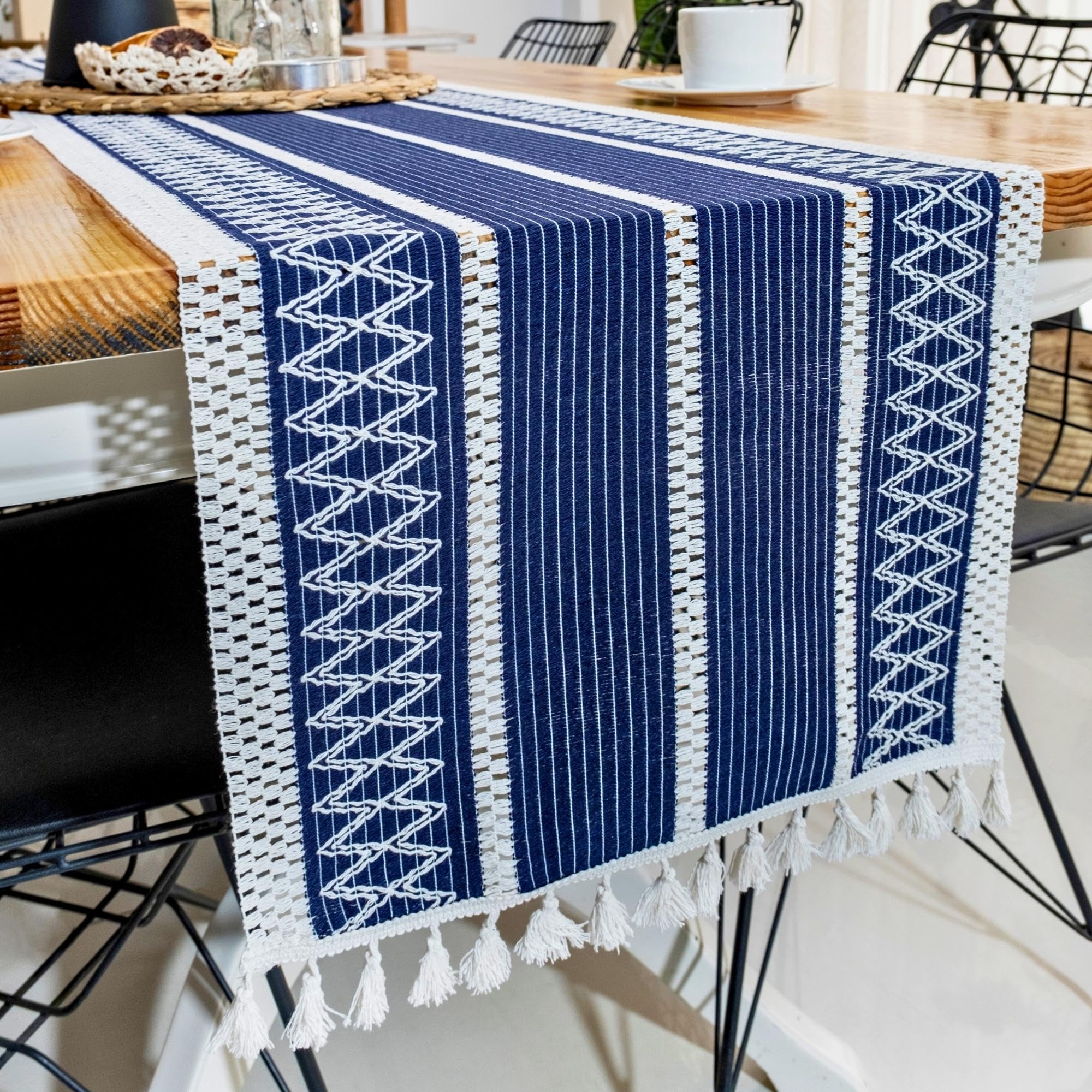Boho Blue Table Runner 60 Inches Long, Farmhouse Rustic Table Runner Cream & Blue Macrame Table Runner With Tassel - Fall Decora